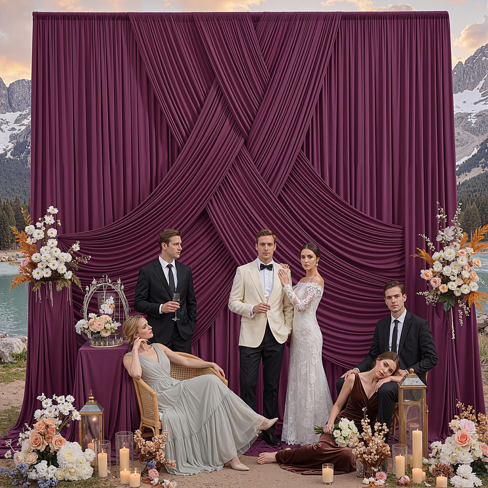 50ft x 12ft Burgundy Backdrop Curtains for 5FT×12FT_10 Panels,