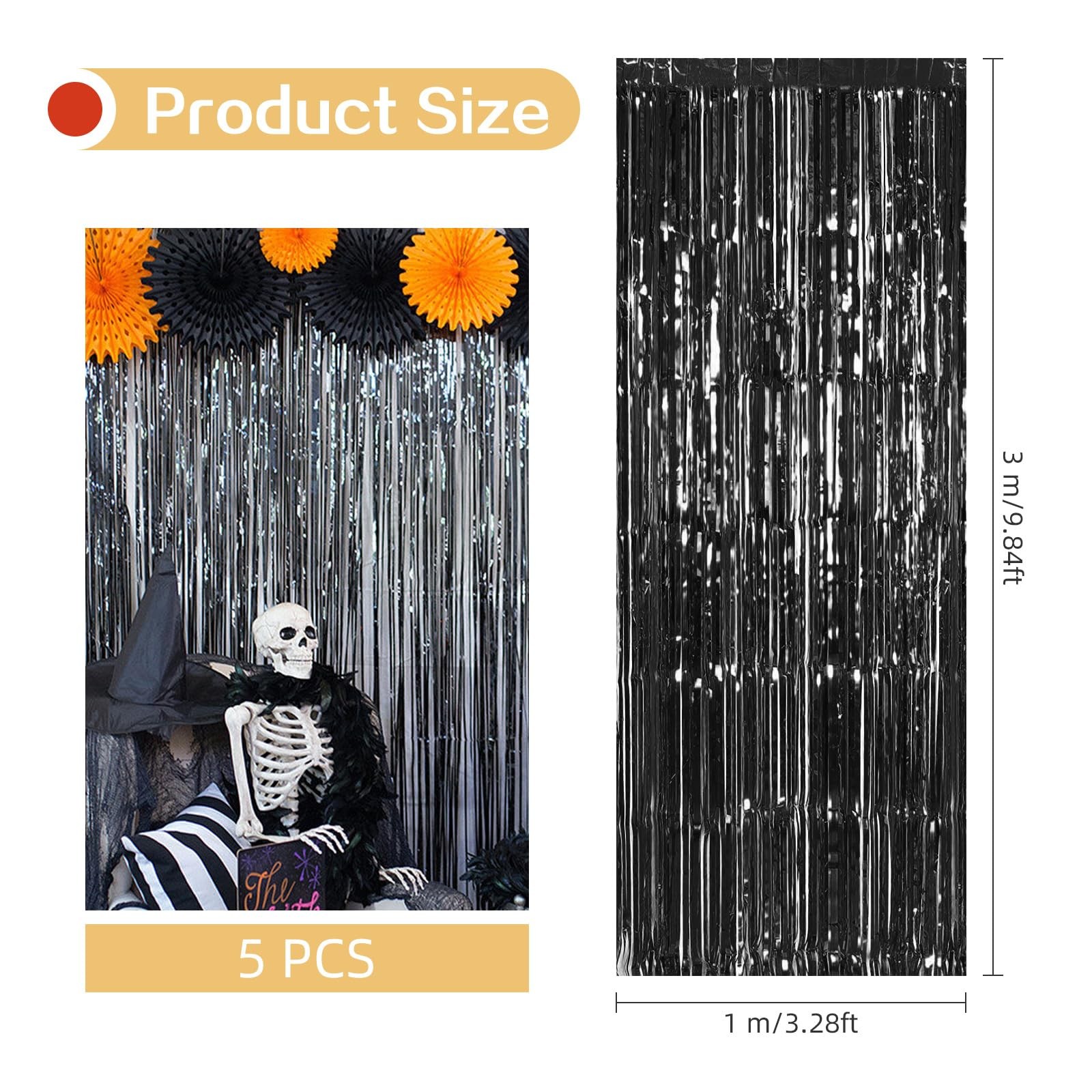 5 Pack Black Foil Fringe Curtains, 3.2ft x 9.8ft, Tinsel Streamer Photo Booth