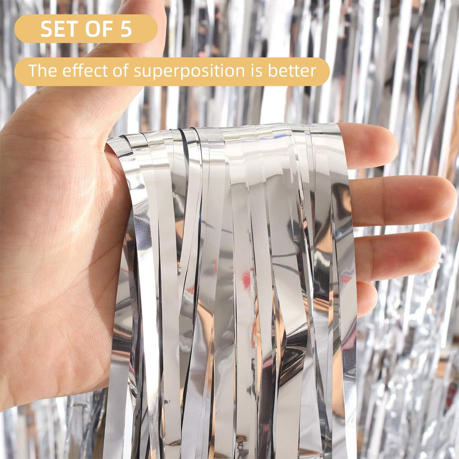 Silver Foil Curtain Backdrop 3.2×9.8 Ft Metallic Tinsel Fringe 5 PCS