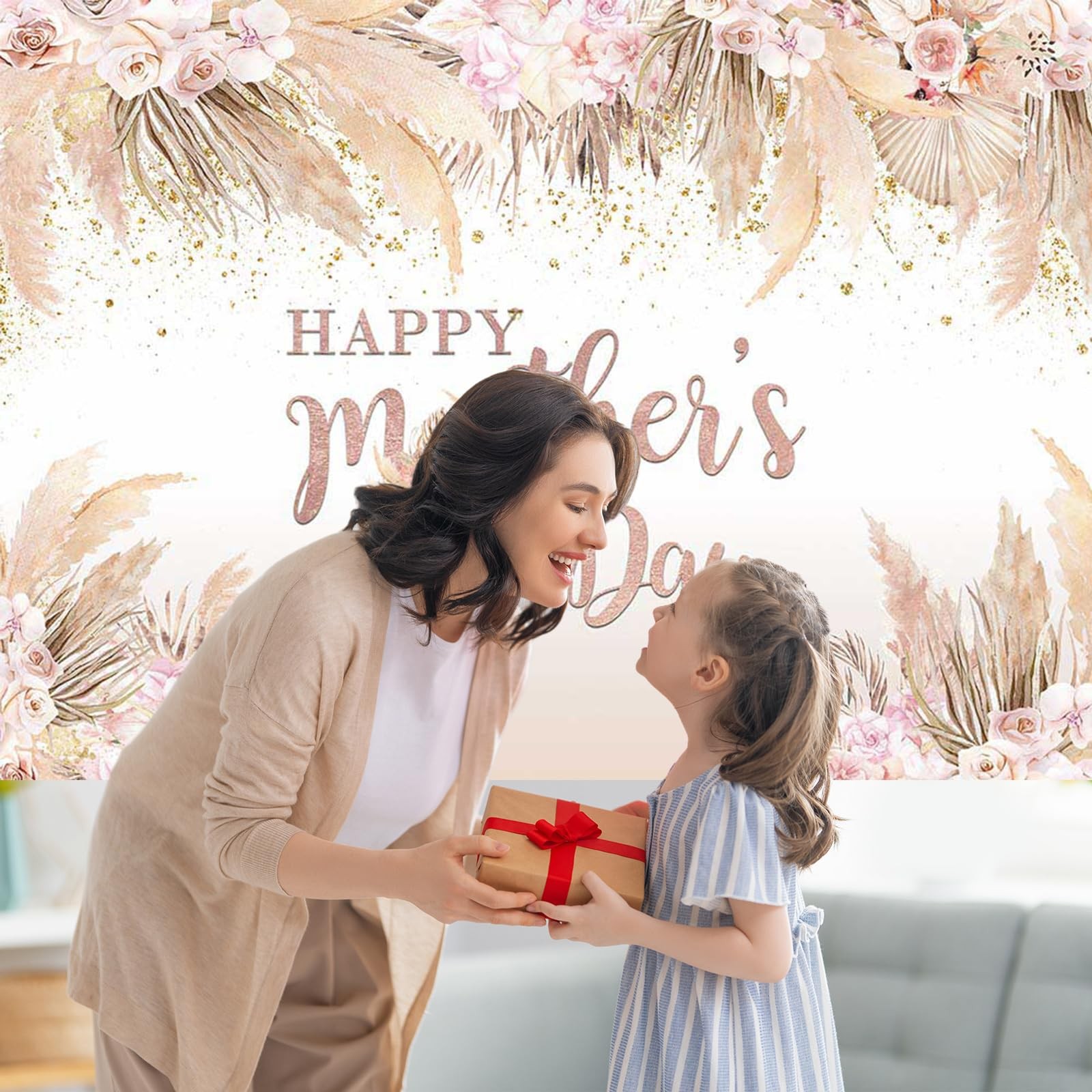 7x5ft Mothers Day Backdrop Boho Flowers Happy Mother’s Day Banner Pampas Grass