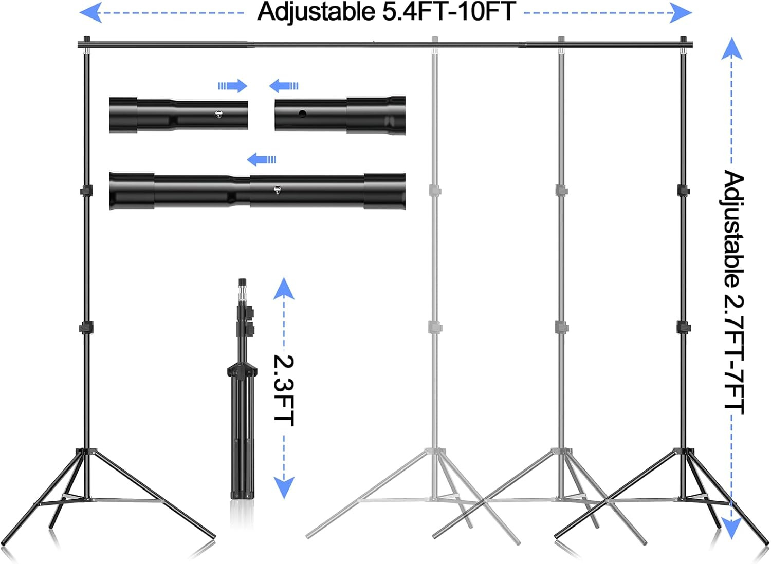 Adjustable 7x10ft Photo Video Backdrop Stand Kit with 3 Backgrounds & Clamps