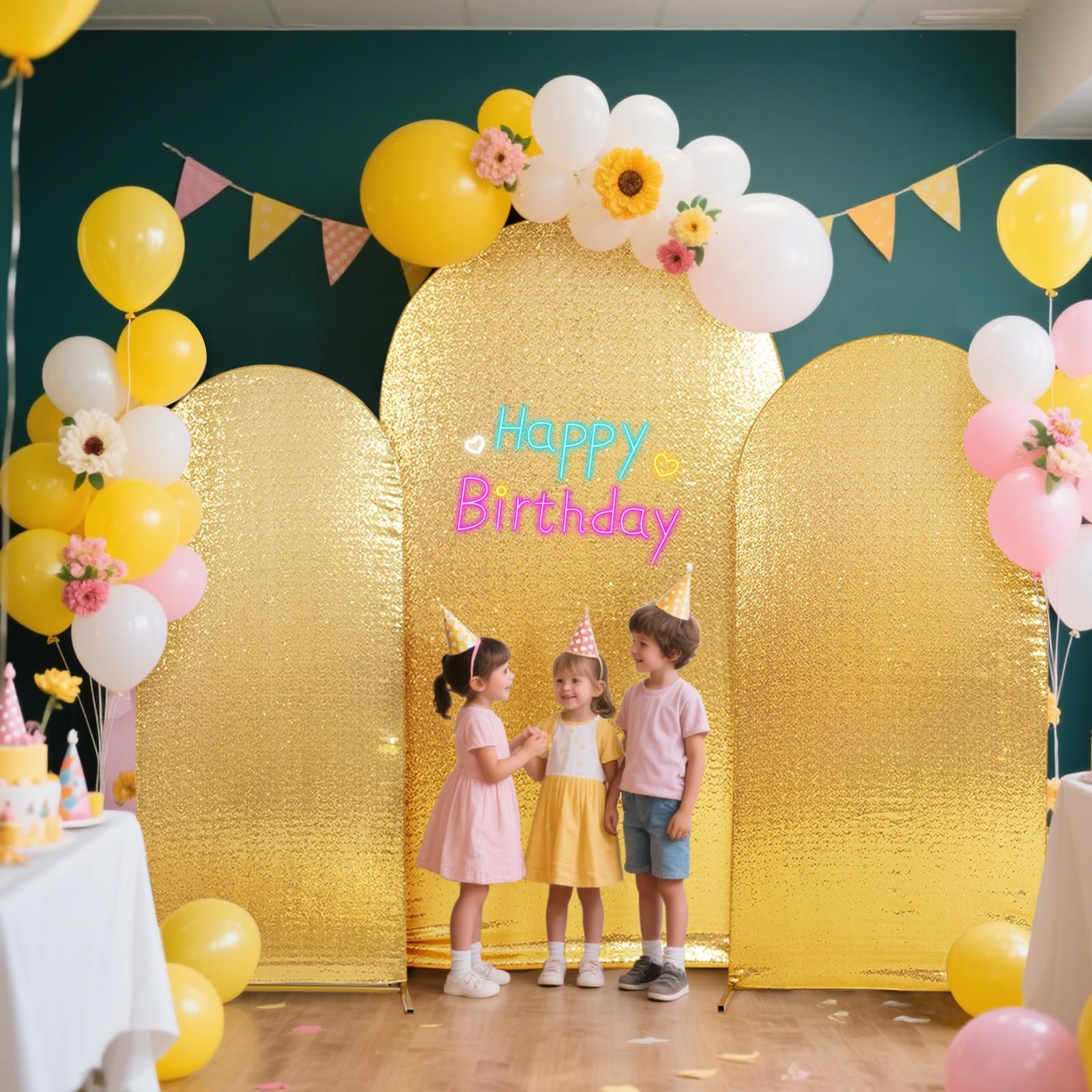 Arch Backdrop Cover Set of 3, 7.2FT 6.6FT 6FT Gold Bling Sequin Backdrop, Rou…
