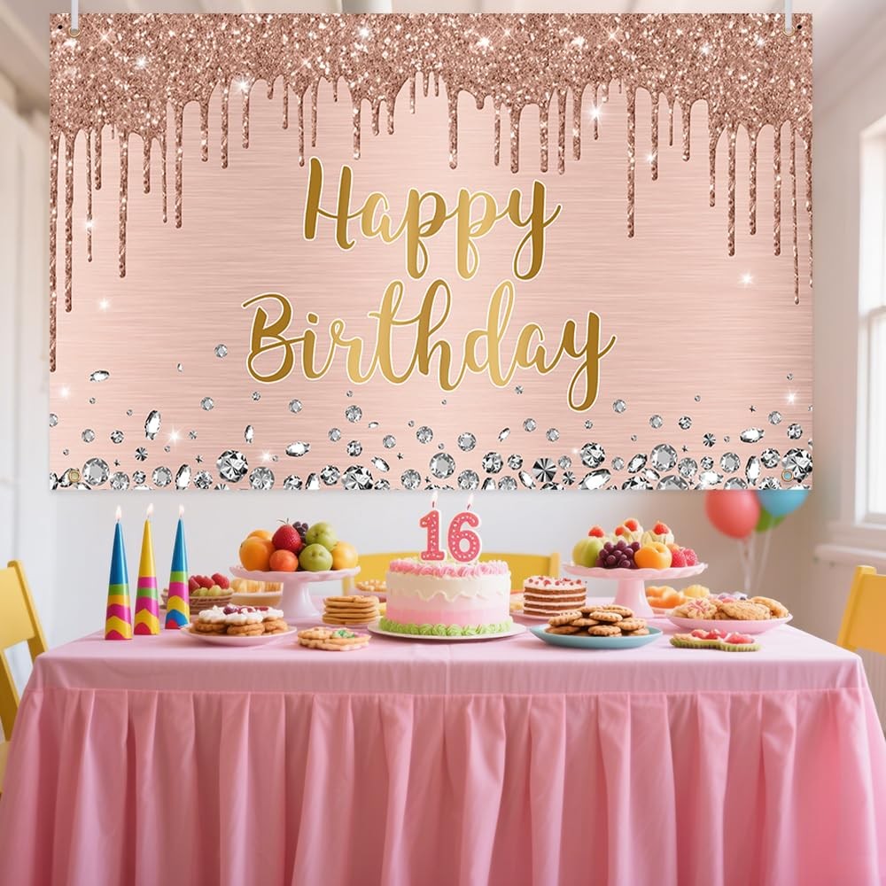 Happy Birthday Backdrop 5.9×3.6ft Pink Rose Gold Glitter Photography Decor