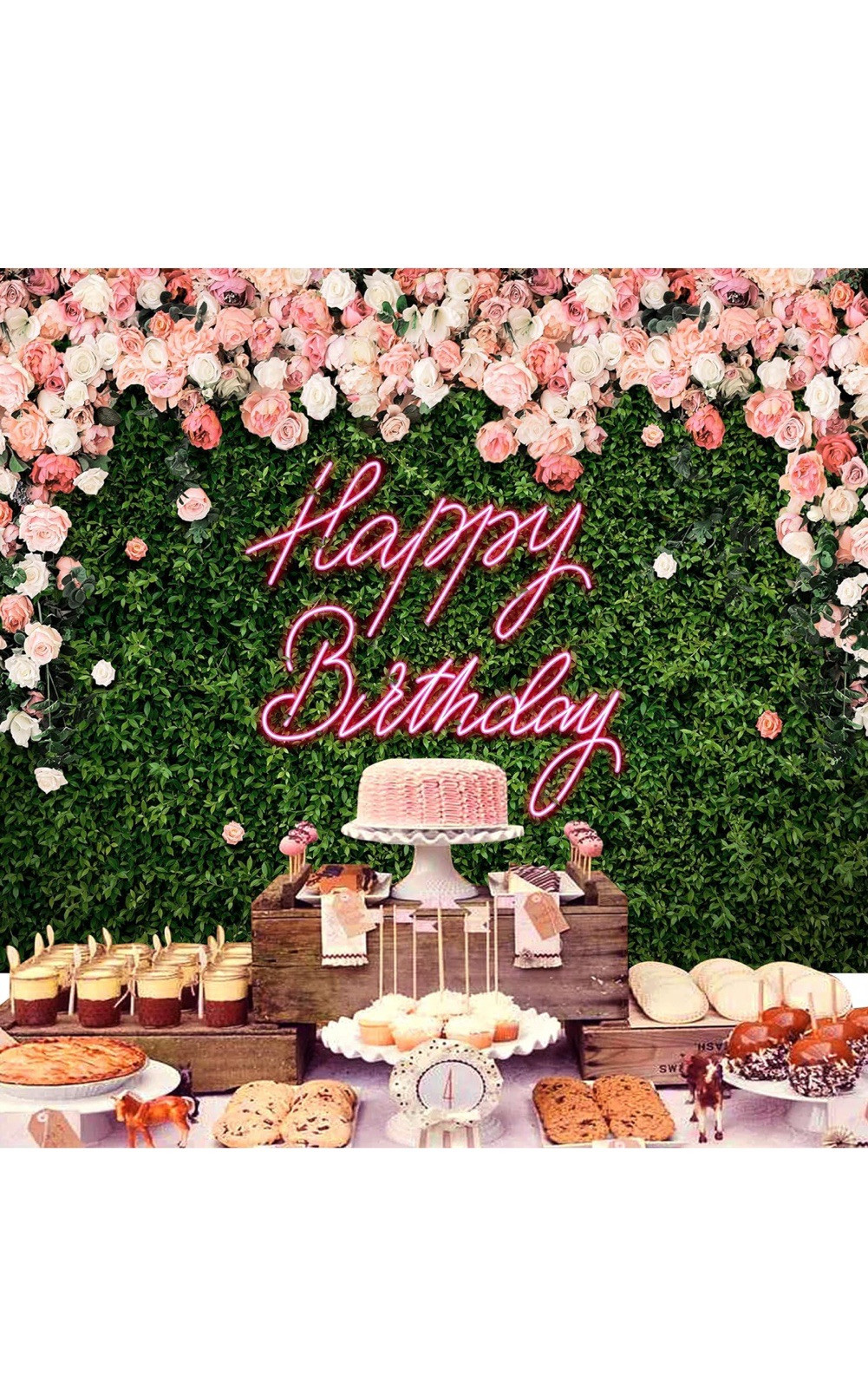 Happy Birthday Backdrop for Women Neon Flower 7Wx5H A-Birthday （Green Rose）