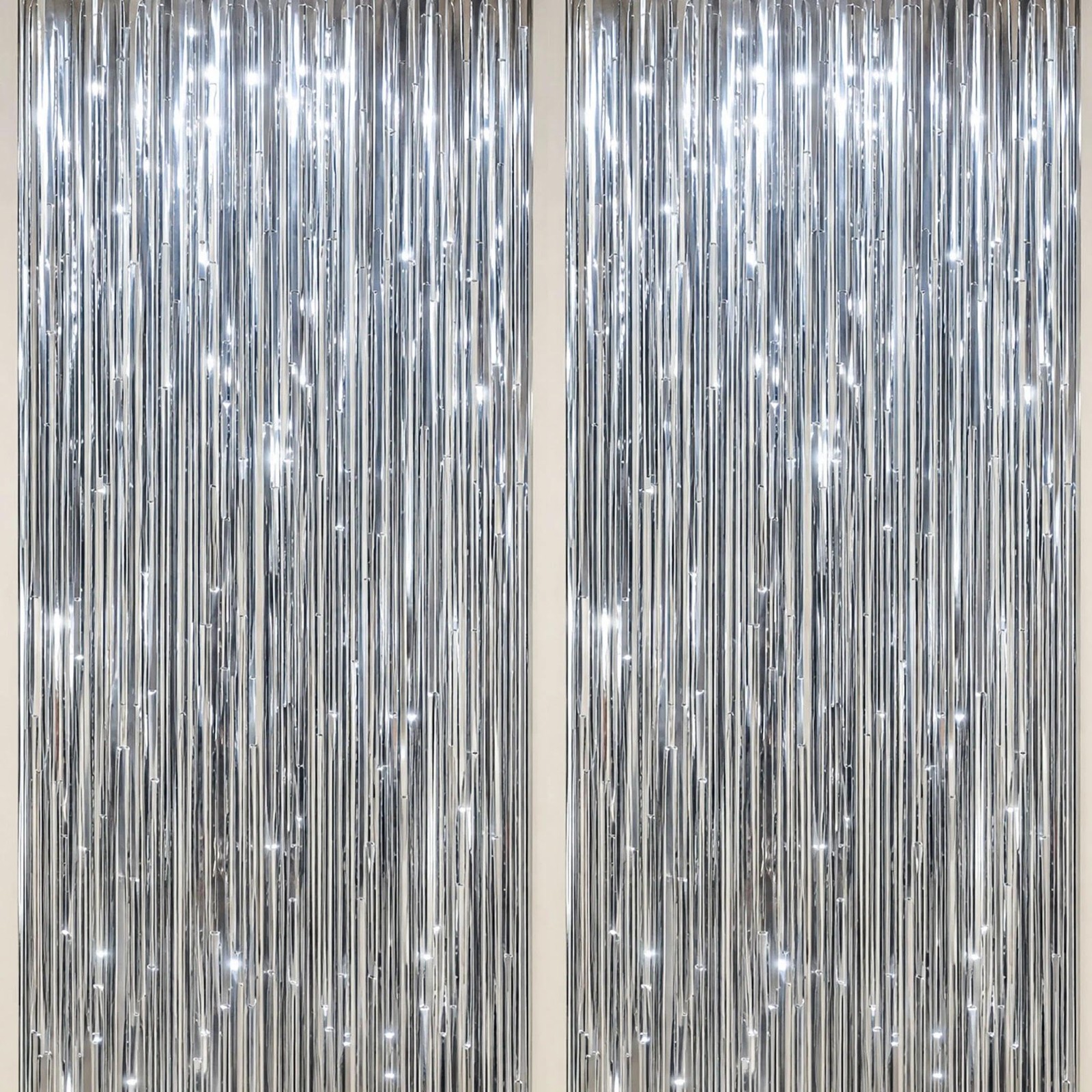 Silver Foil Fringe Backdrop 3.3×6.6 FT Metallic Tinsel Party Curtains 2 PCS