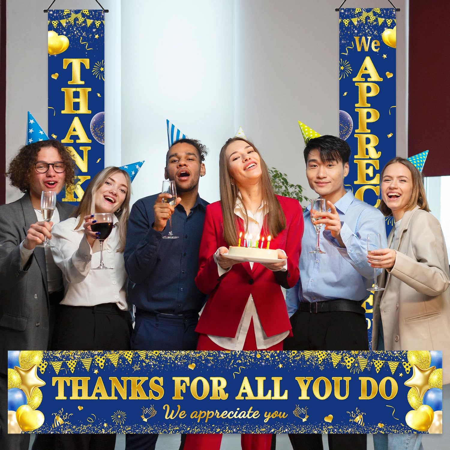 We Appreciate You Banner, 3 PCS Blue And Gold Thank You Banners For Appreciat…