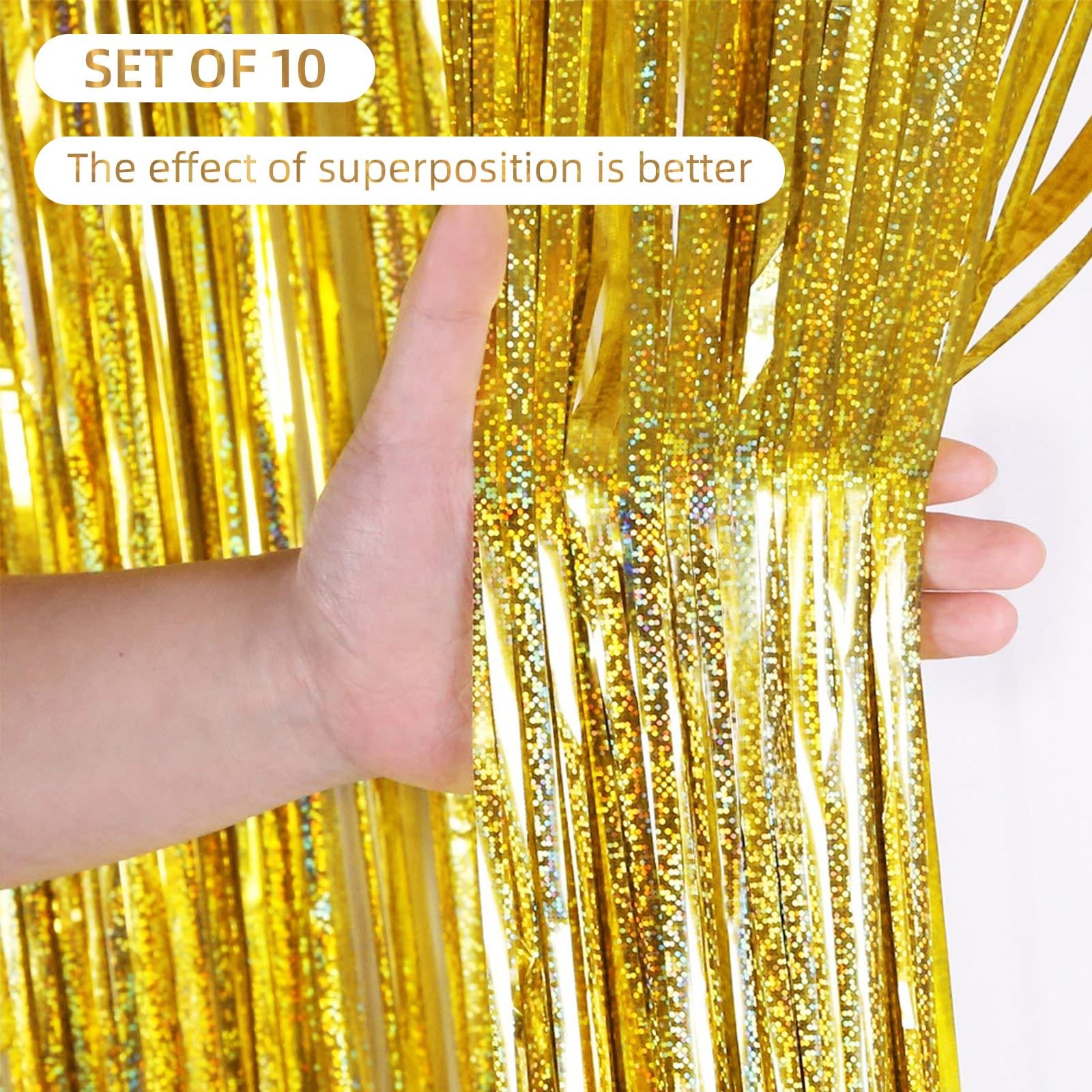 New Best 10 Pack Gold Foil Curtain Backdrop 3.2ft x 9.8ft Metallic Tinsel Fringe