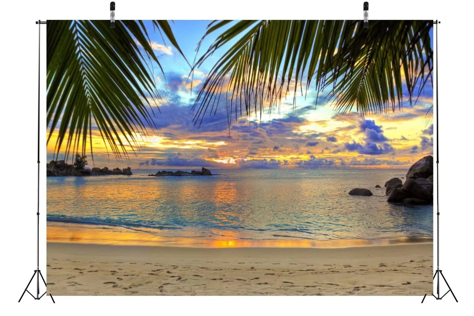 Sunset Beach Backdrop 7x5ft Fabric Summer Tropical Sea Palm Tree Hawaii Scene…