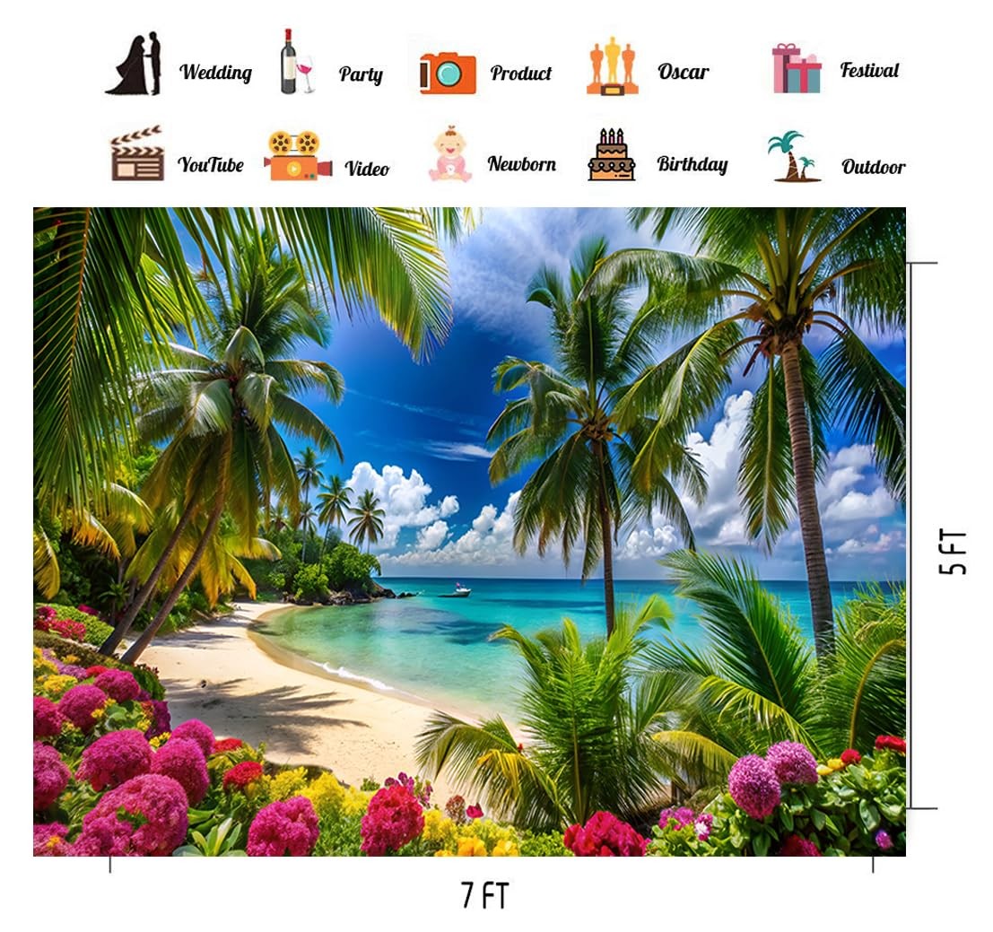 7x5ft Summer Hawaiian Beach Photography Backdrop Tropical Flower Palm Leaves …
