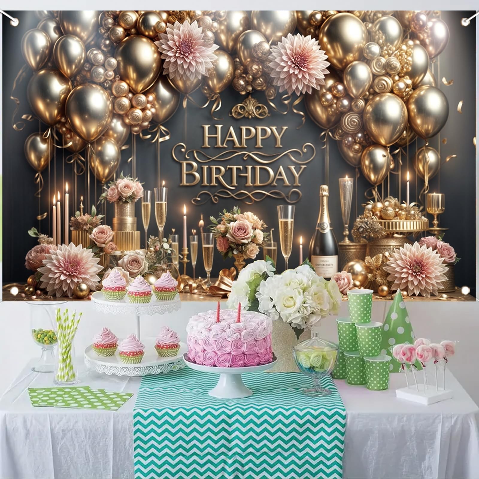 Starlit Patio Luxury Happy Birthday Backdrop Black Gold Party Decoration Elegant