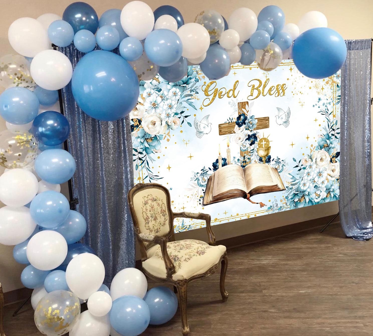 God Bless Backdrop 7x5FT First Holy Communion Baptism Blue Flower Cross Photo