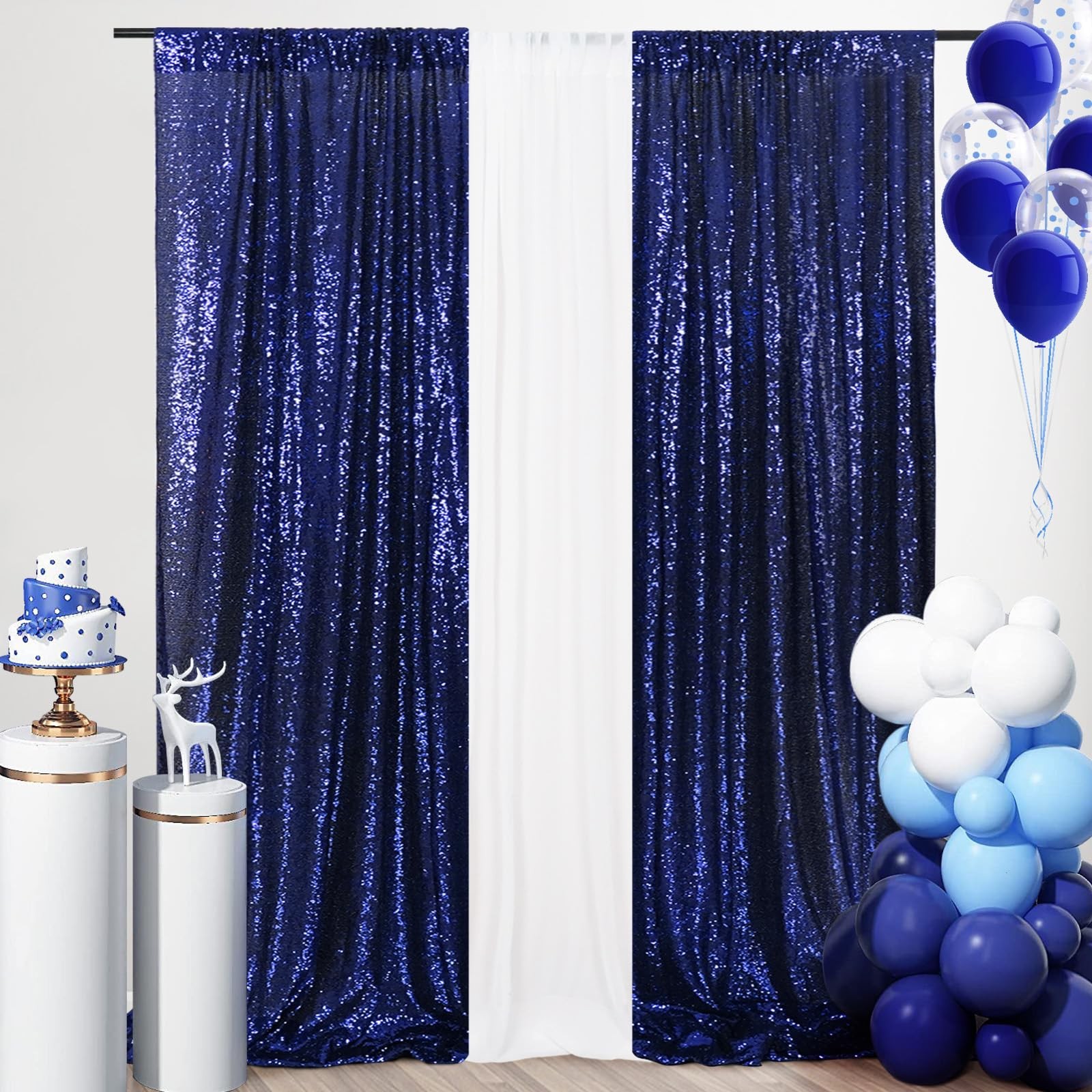 Sequin Backdrop Curtain 2FT x 8FT 2pcs Navy Blue Sparkly Background for Weddi…
