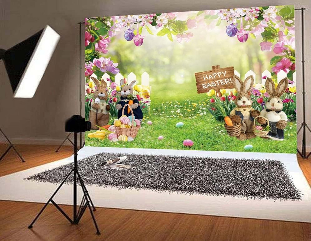 Spring Easter Photography Backdrop 7X5Ft Easter Rabbit Garden Colorful Eggs
