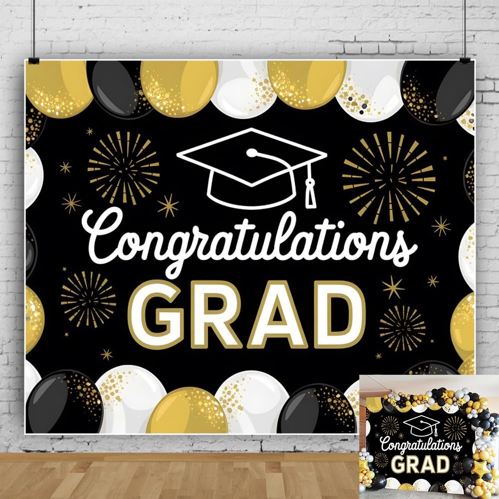 10x8ft Class of 2026 Graduation Backdrop Black Gold Congrats Grad Photo Booth