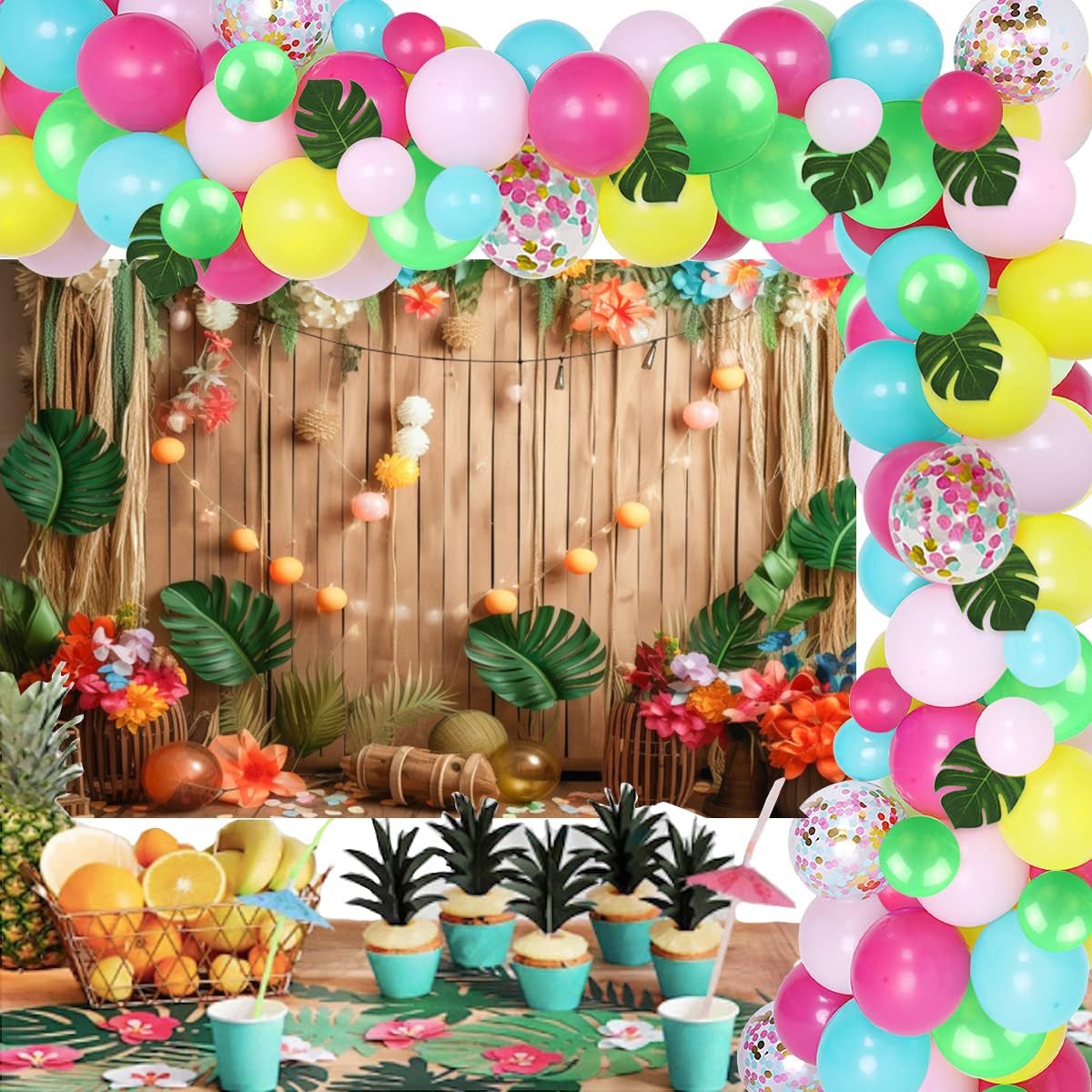 10×8 Ft Summer Hawaiian Luau Backdrop Photography Tropical Leaves Flower Props