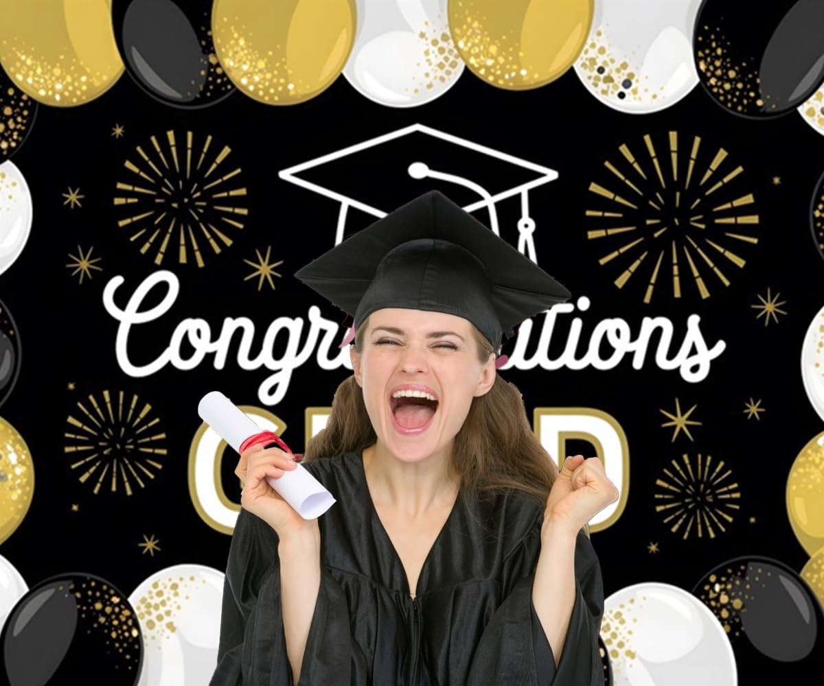 10x8ft Class of 2026 Graduation Backdrop Black Gold Congrats Grad Photo Booth