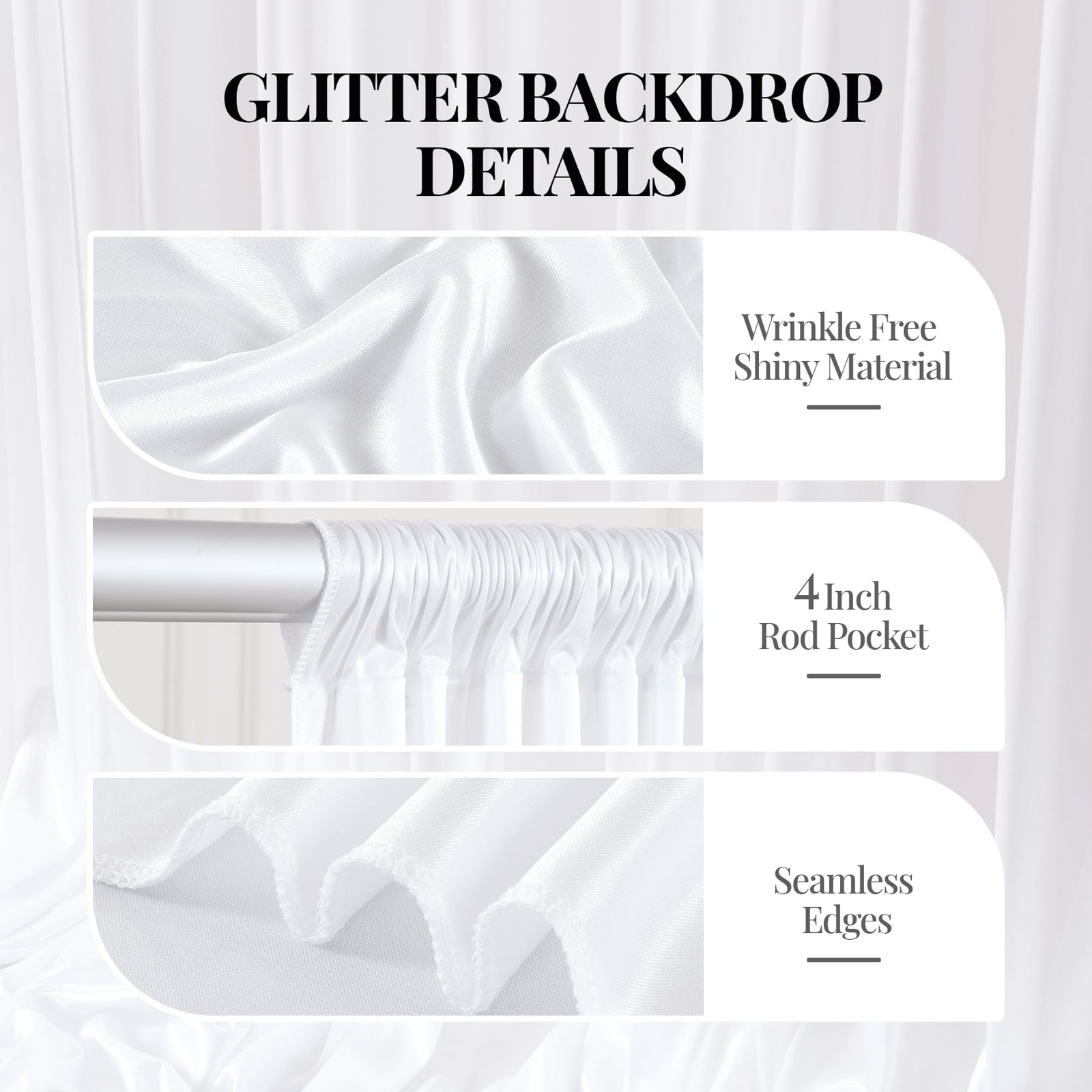 40x10ft White Glitter Backdrop Curtain for W5 x H10′(8 Panels),
