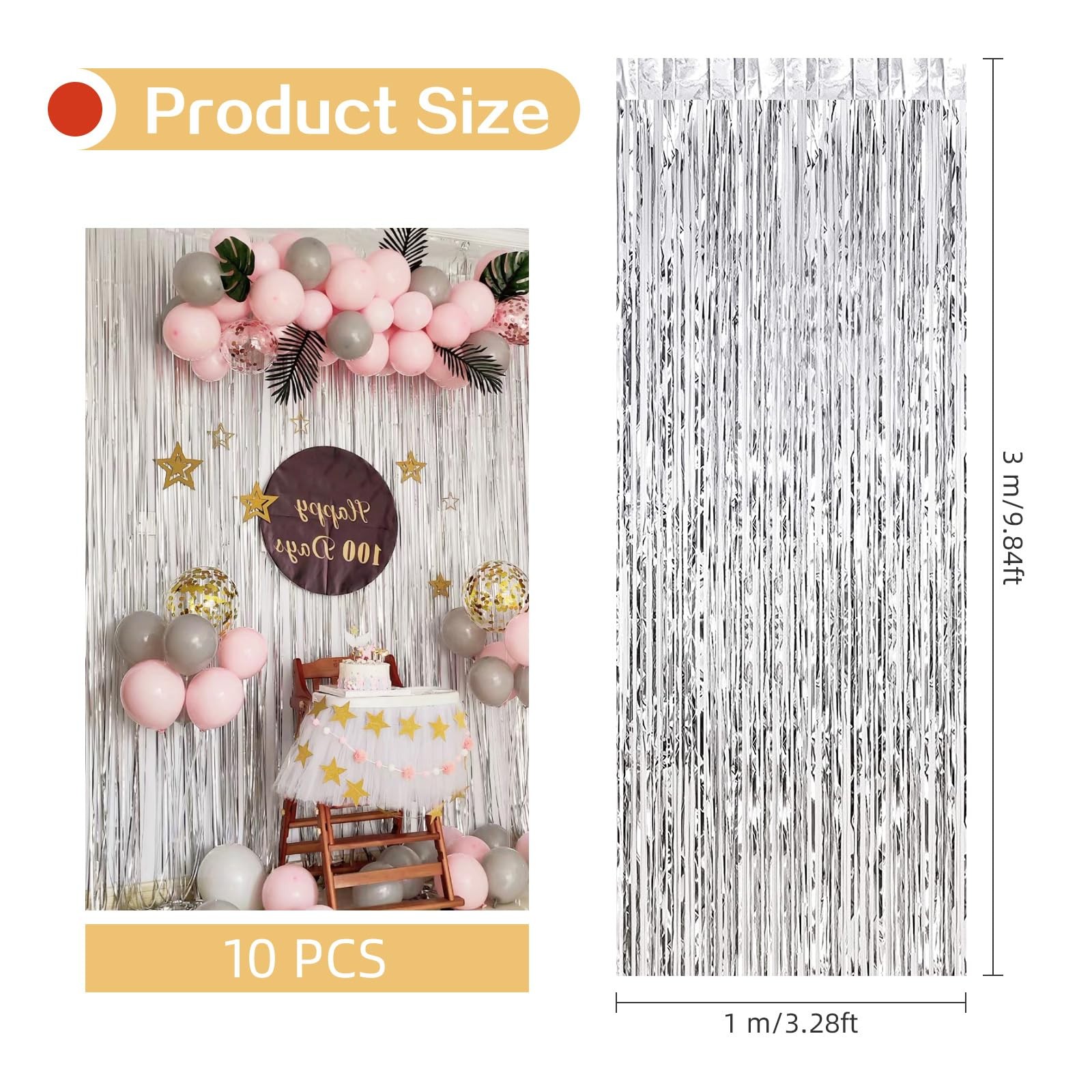 10 PCS Silver Foil Curtain Backdrop 3.2×9.8 Ft Metallic Tinsel Fringe Booth