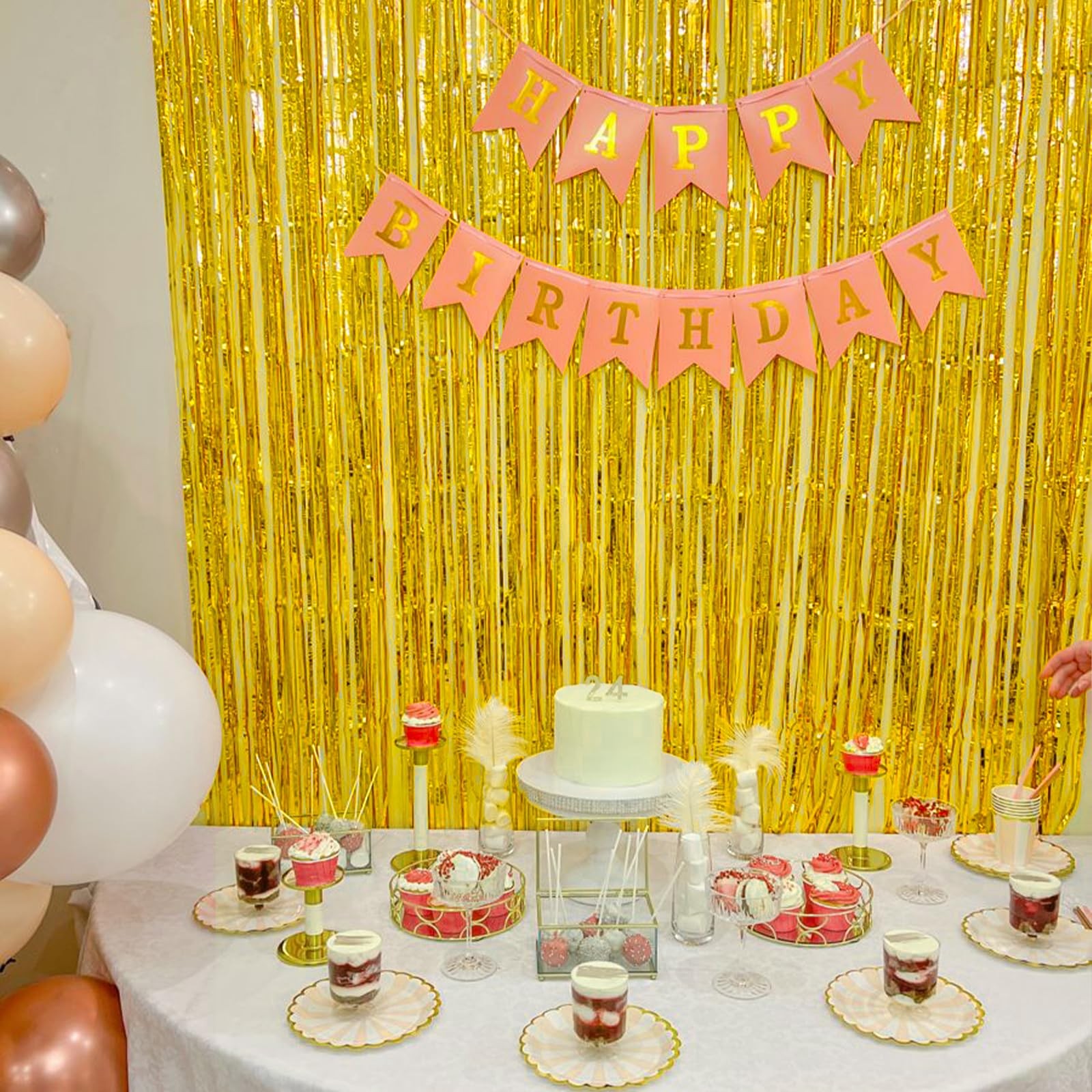 Gold Foil Fringe Backdrop Curtains 3.3×8.2 Feet Metallic Tinsel Streamer 2 PCS