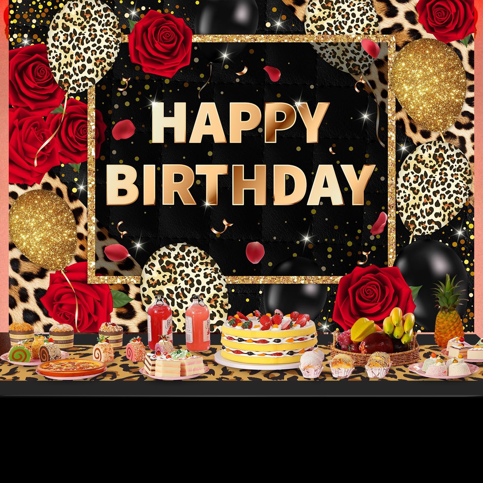 7x5ft Leopard Print Happy Birthday Backdrop Black 7x5ft, red, brown, black