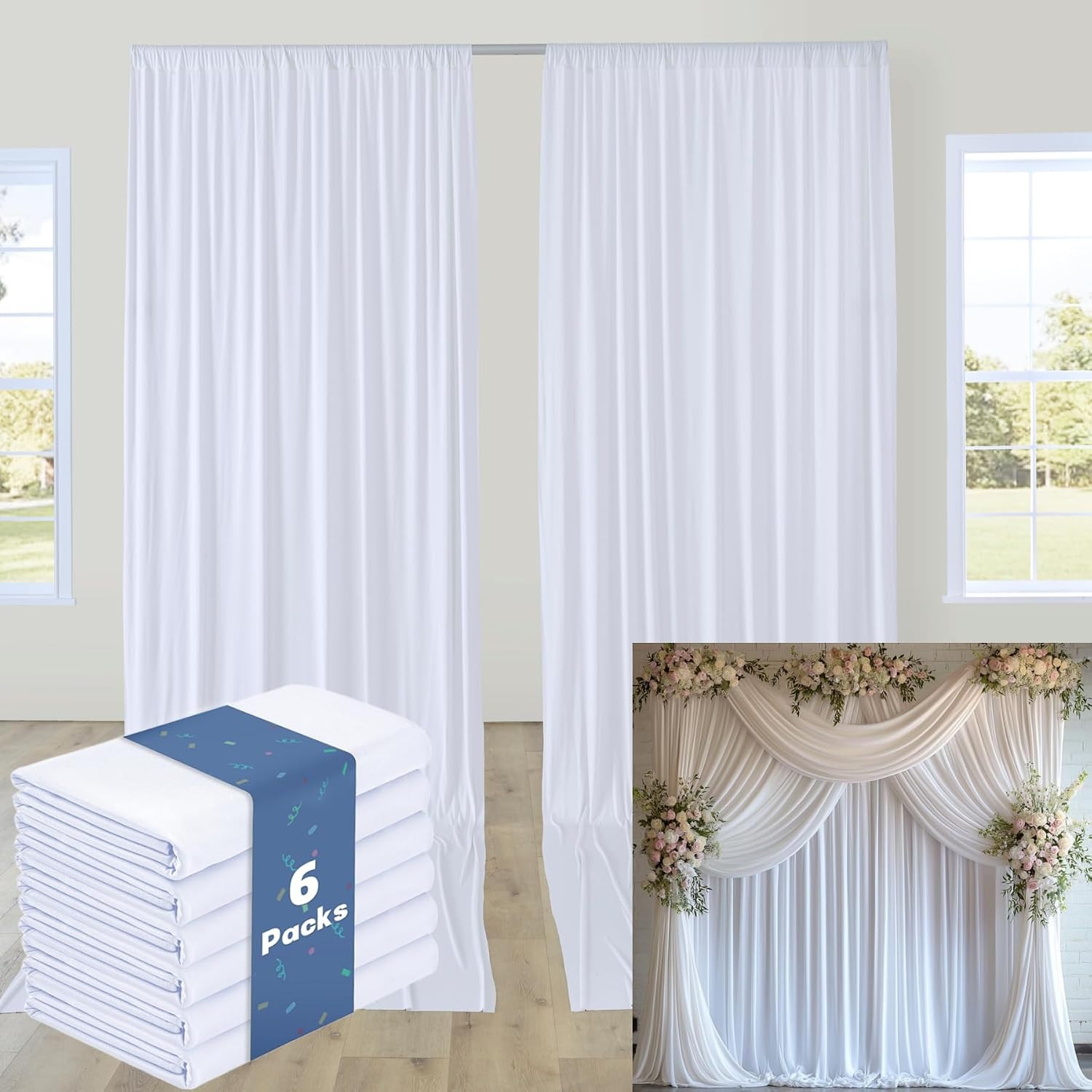 30FTx12FT White Wrinkle-Free Wedding Backdrop Curtain -Silky Washable White Poly