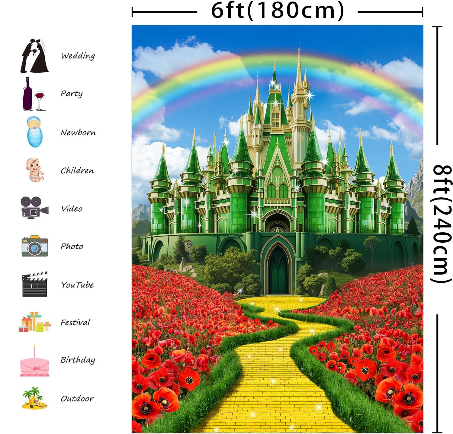 6×8 Ft Green Castle Yellow Brick Road Backdrop Rainbow Princess Photo Props
