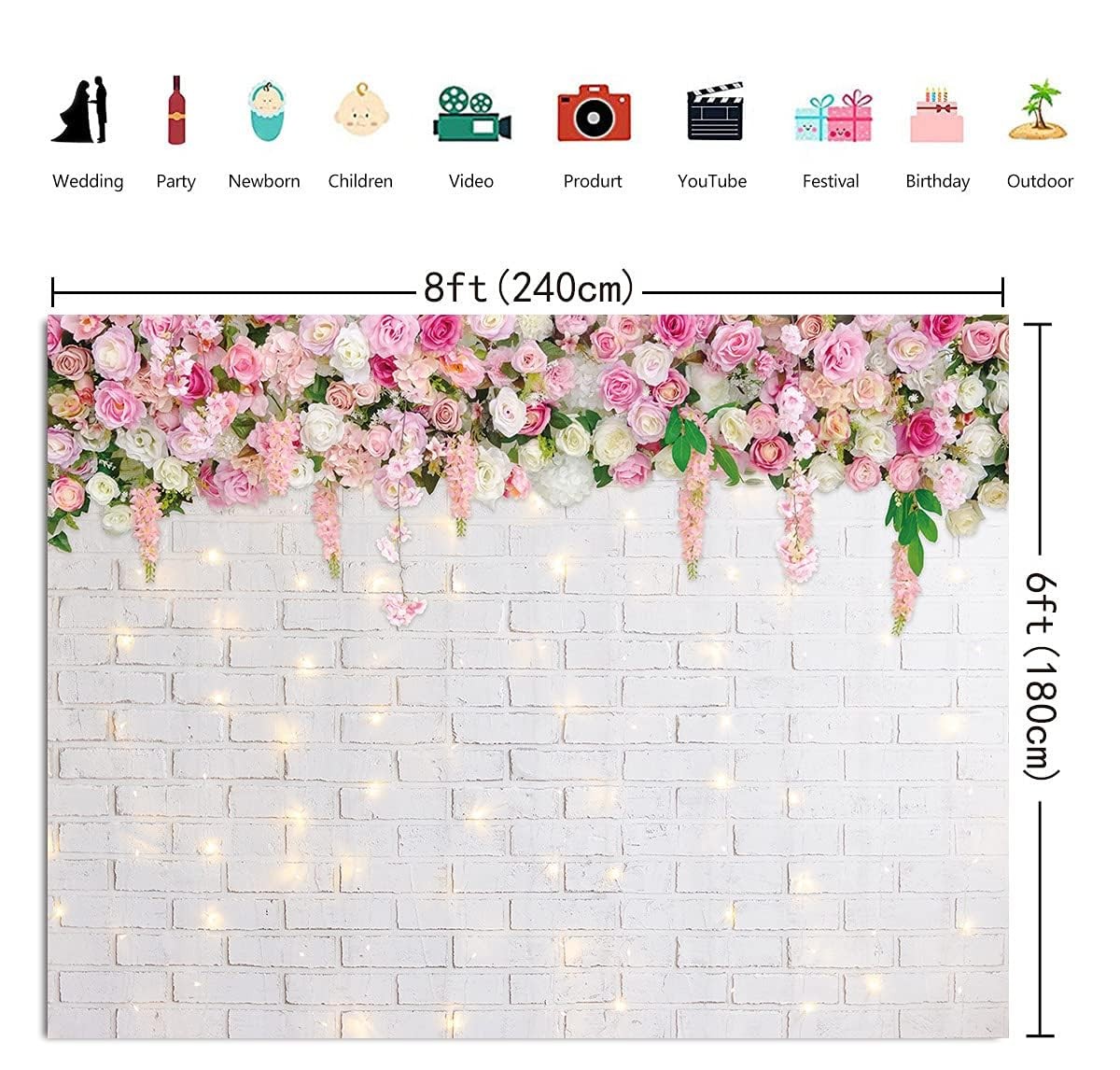 8x6FT Flower Wall Backdrop Glitter White Brick Spring Theme Photo Booth Prop