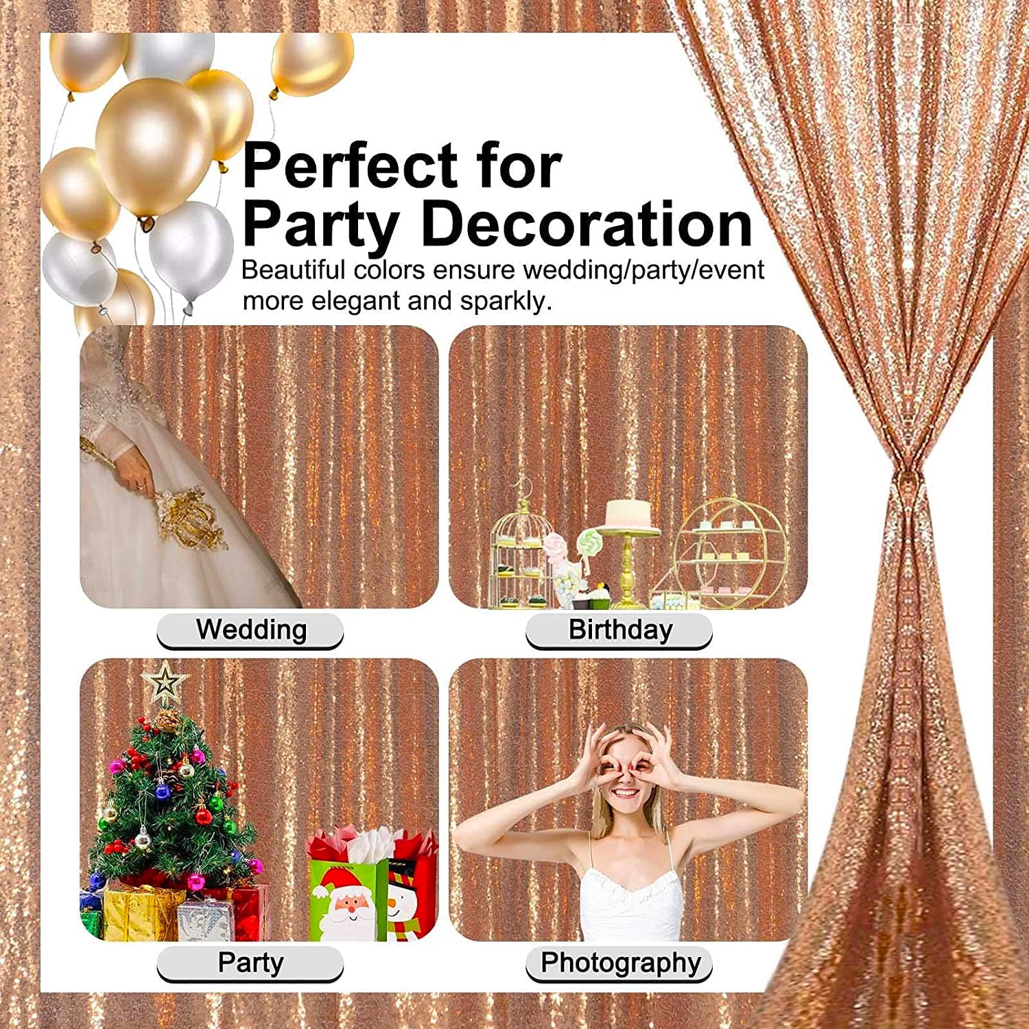 Rose Gold Sequin Backdrop Curtain Panel Drape Party Photo Background 8x8ft