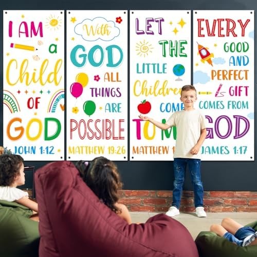 4PCS Church Banners with Scripture Religious Bible Verse Backdrops for Kids Chri