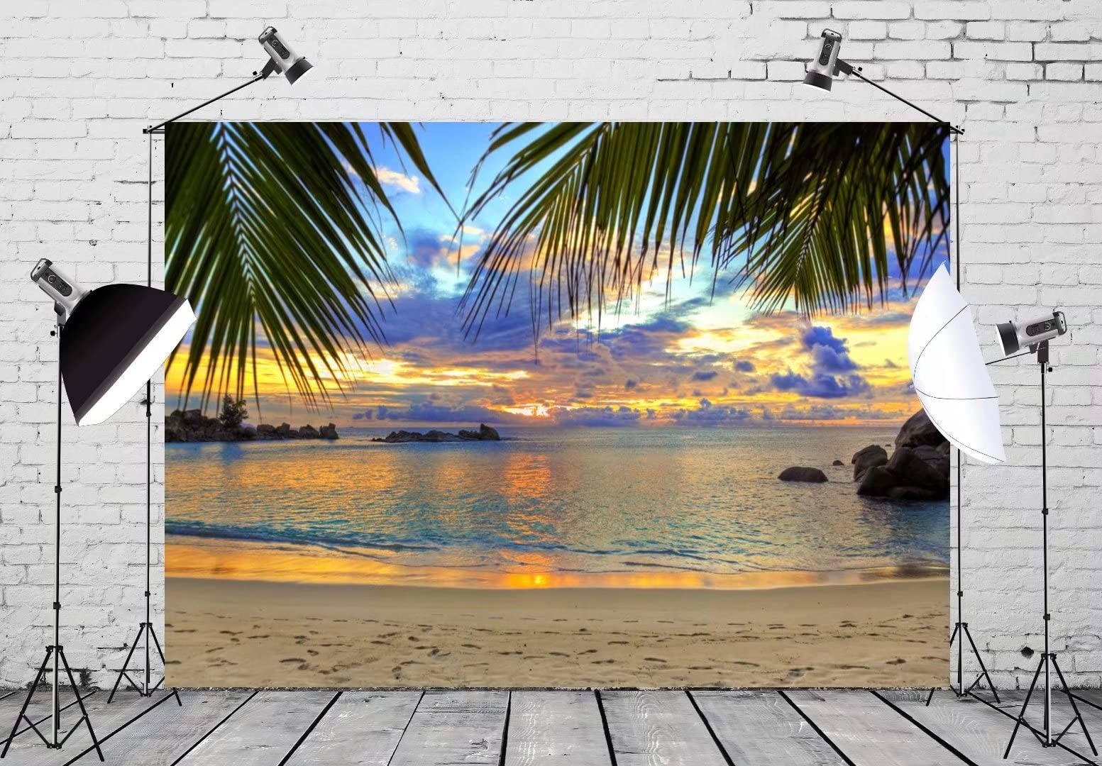 Sunset Beach Backdrop 7x5ft Fabric Summer Tropical Sea Palm Tree Hawaii Scene…