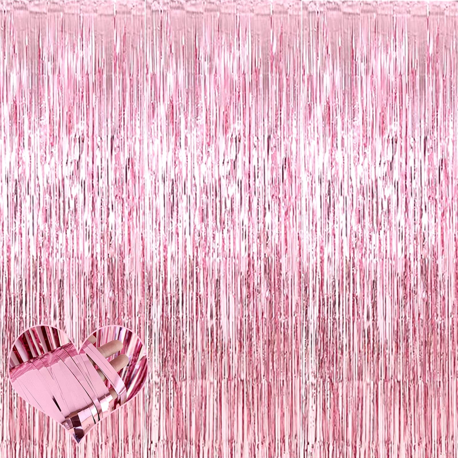 4 PCS Pink Foil Fringe Curtain Backdrop 3.2×6.6 Ft Metallic Tinsel Decor