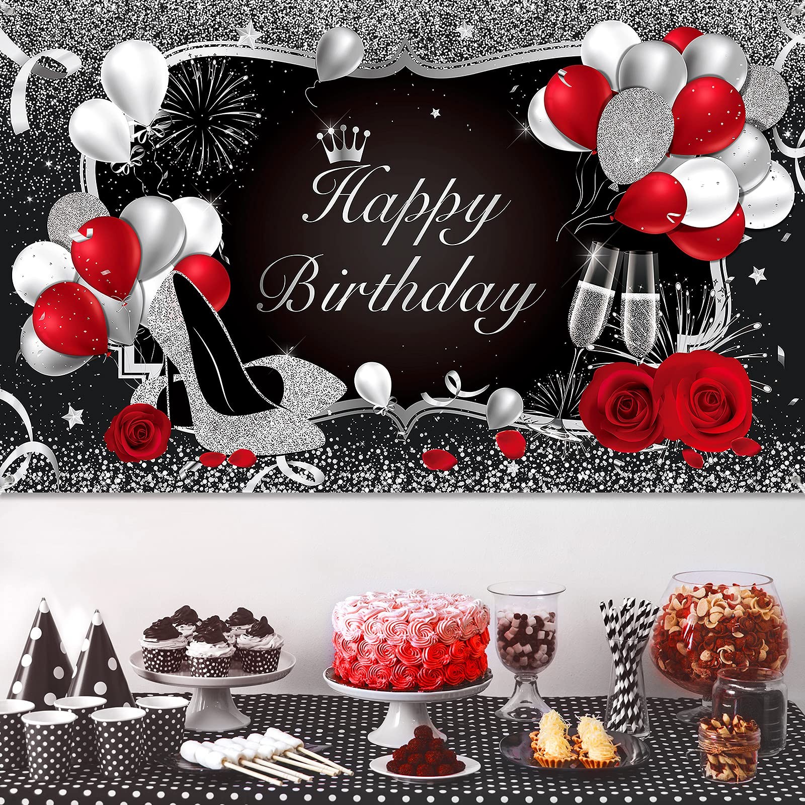 Irenare Happy Birthday Banner Red Backdrop Large, Rose