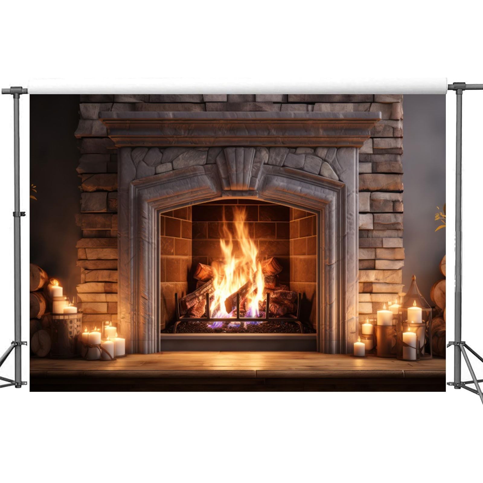 7x5ft Christmas Fireplace Backdrop Burning Firewoods White Brick Photography …