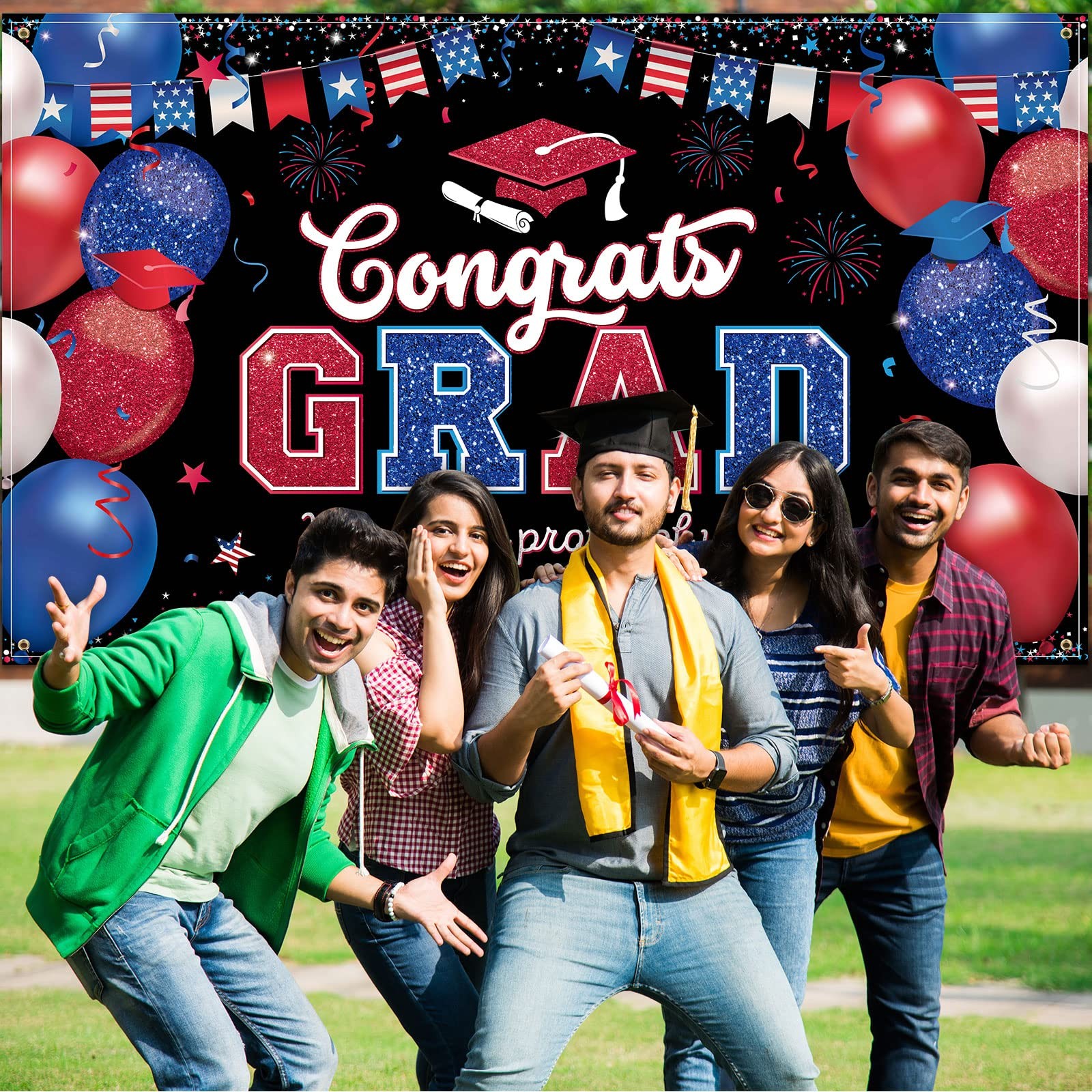Graduation Party Backdrop Decoration Congrats Grad Backdrop Banner Red and Bl…
