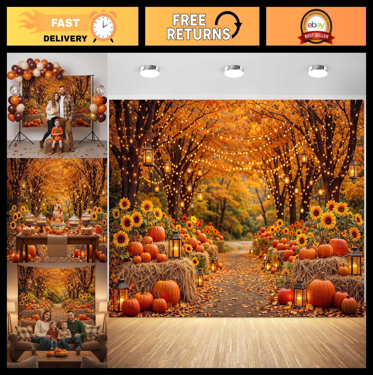 Autumn Forest Photo Backdrop 7×5 ft – Fall Harvest Pumpkins, Sunflowers & Leaves