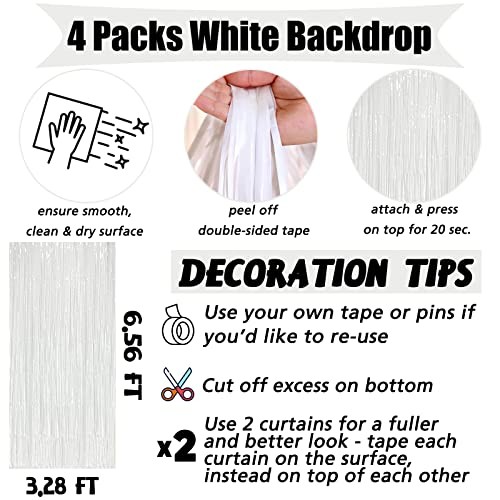 4 Pack White Fringe Curtain Backdrop, 3.2Ft x 6.6Ft Metallic Macaron White