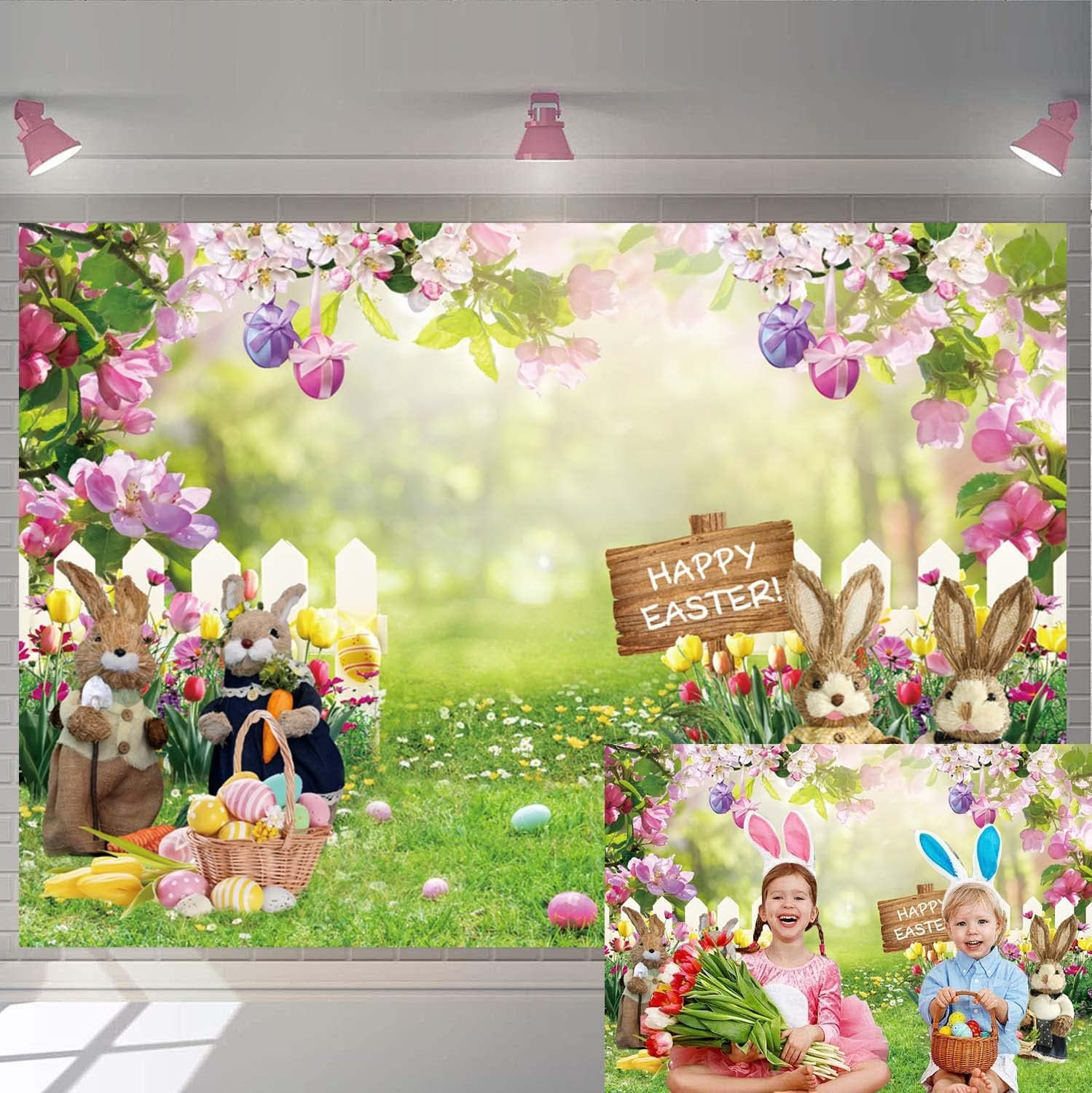 Spring Easter Photography Backdrop 7X5Ft Easter Rabbit Garden Colorful Eggs