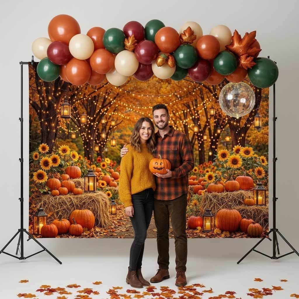 Autumn Forest Photo Backdrop 7×5 ft – Fall Harvest Pumpkins, Sunflowers & Leaves