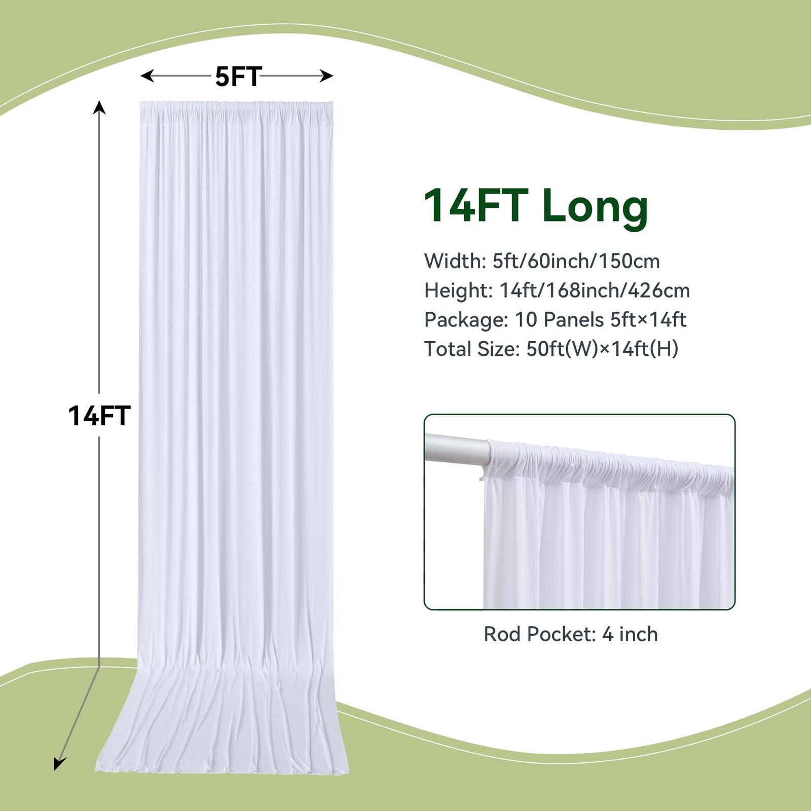 50×14 ft White Wrinkle Free Backdrop Curtain for 14ft Long_10 Panels,