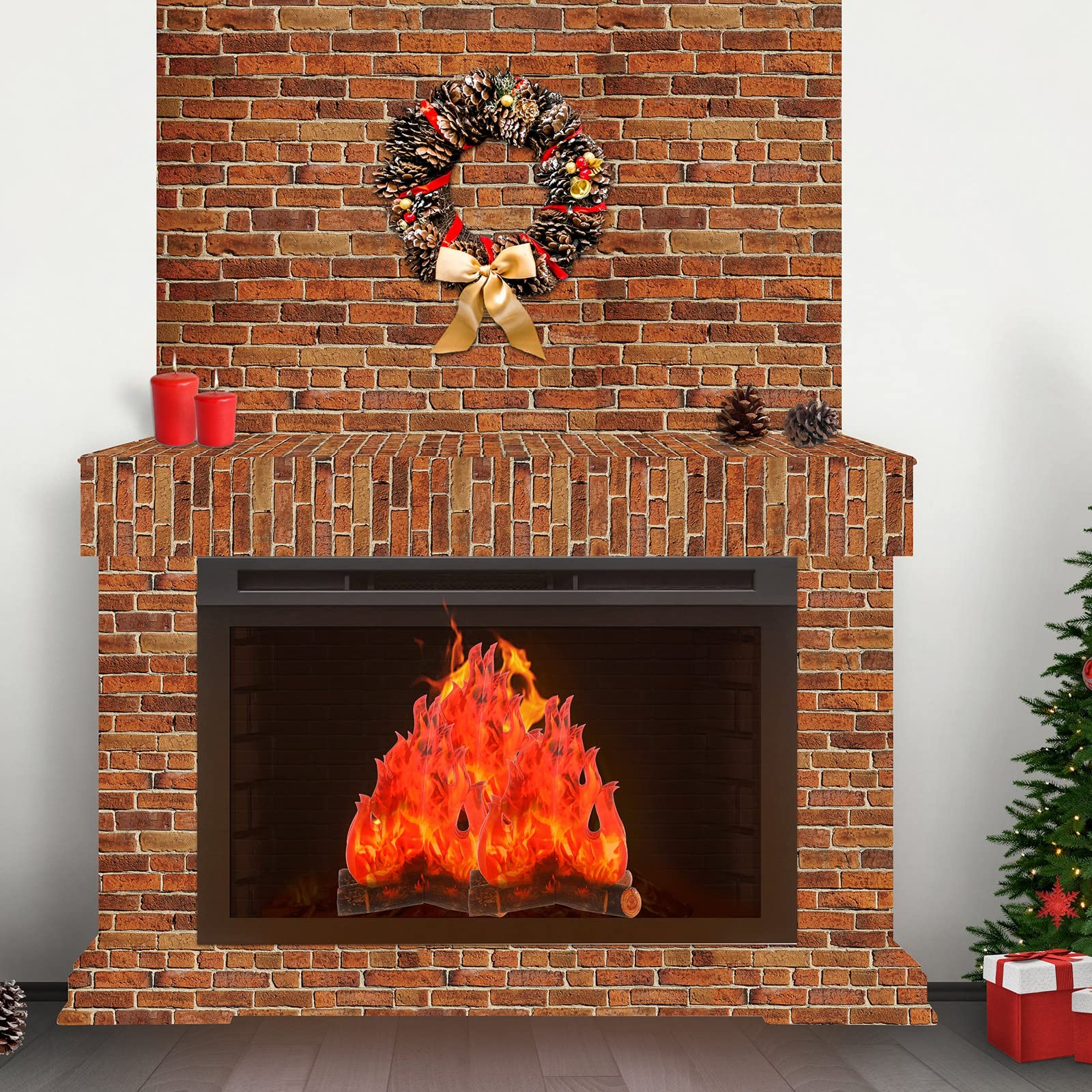 Fondo navideño de pared de ladrillo rojo oscuro fiesta, llama artificial cartón