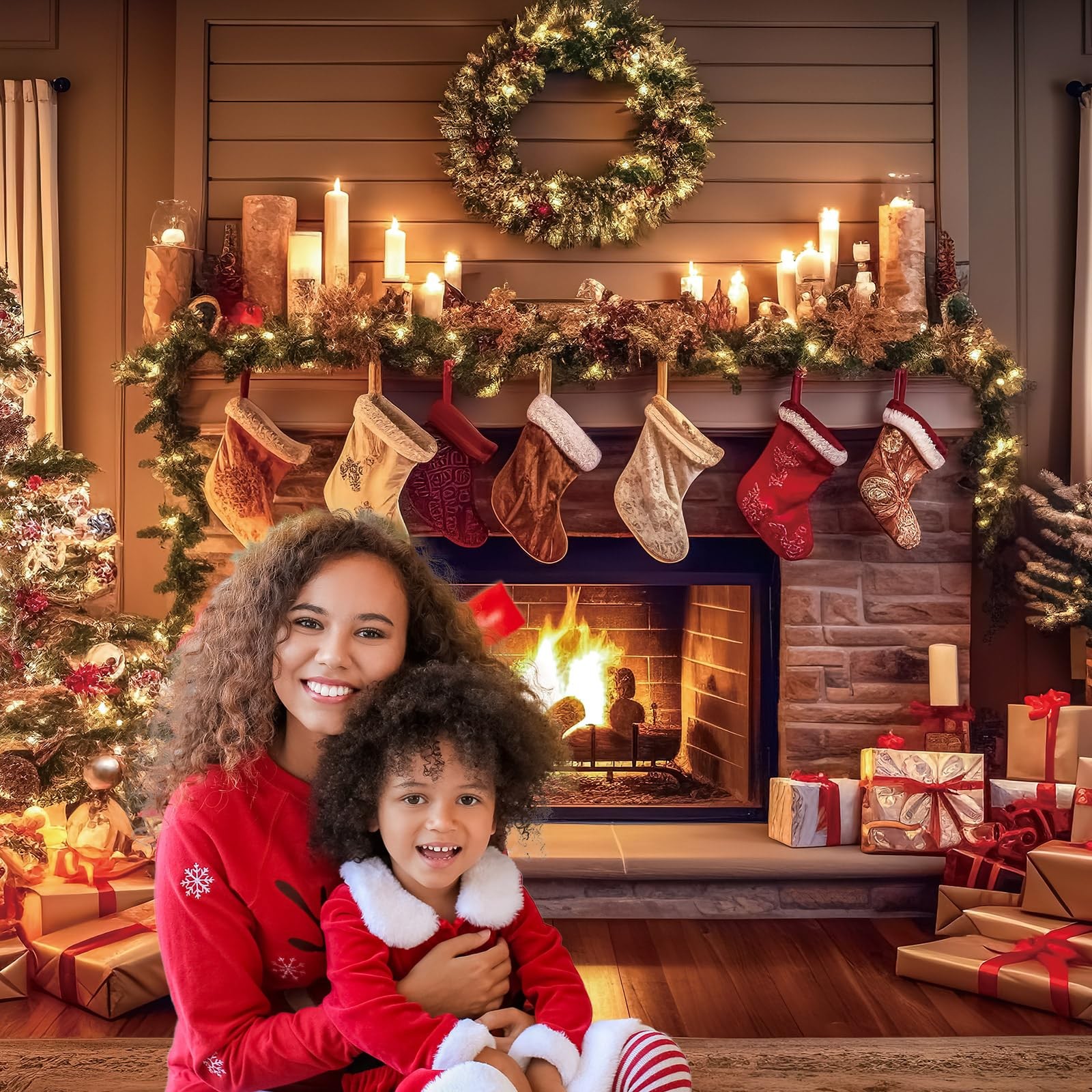 Christmas Fireplace Backdrop Christmas Xmas Tree Stocking Polyester Backgroun…
