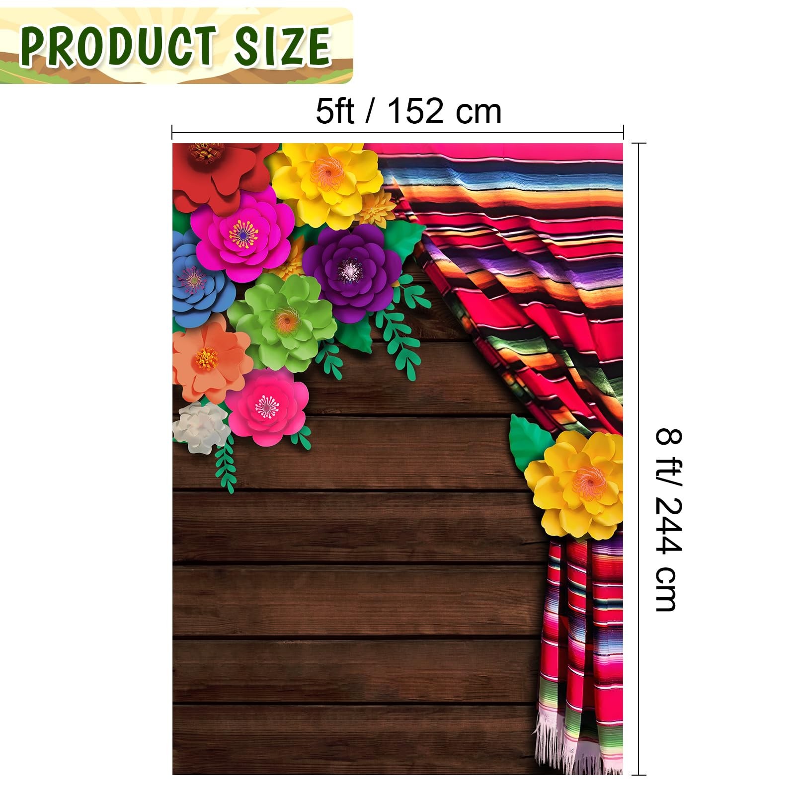 8x5ft Mexican Fiesta Theme Backdrop Cinco De Mayo Flowers Wood Grain Photo Prop