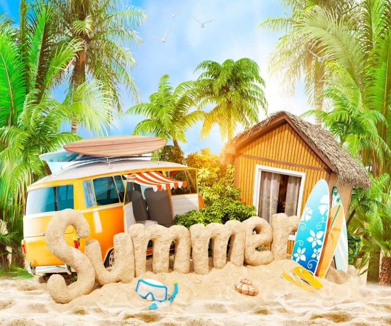 Summer Beach Backdrop Photography Tropical Palm Tree Surfboard 10×8 Ft Prop