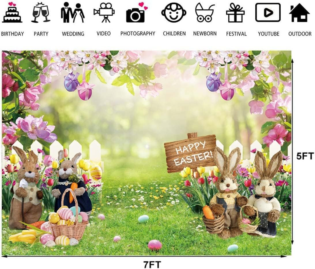 Spring Easter Photography Backdrop 7X5Ft Easter Rabbit Garden Colorful Eggs