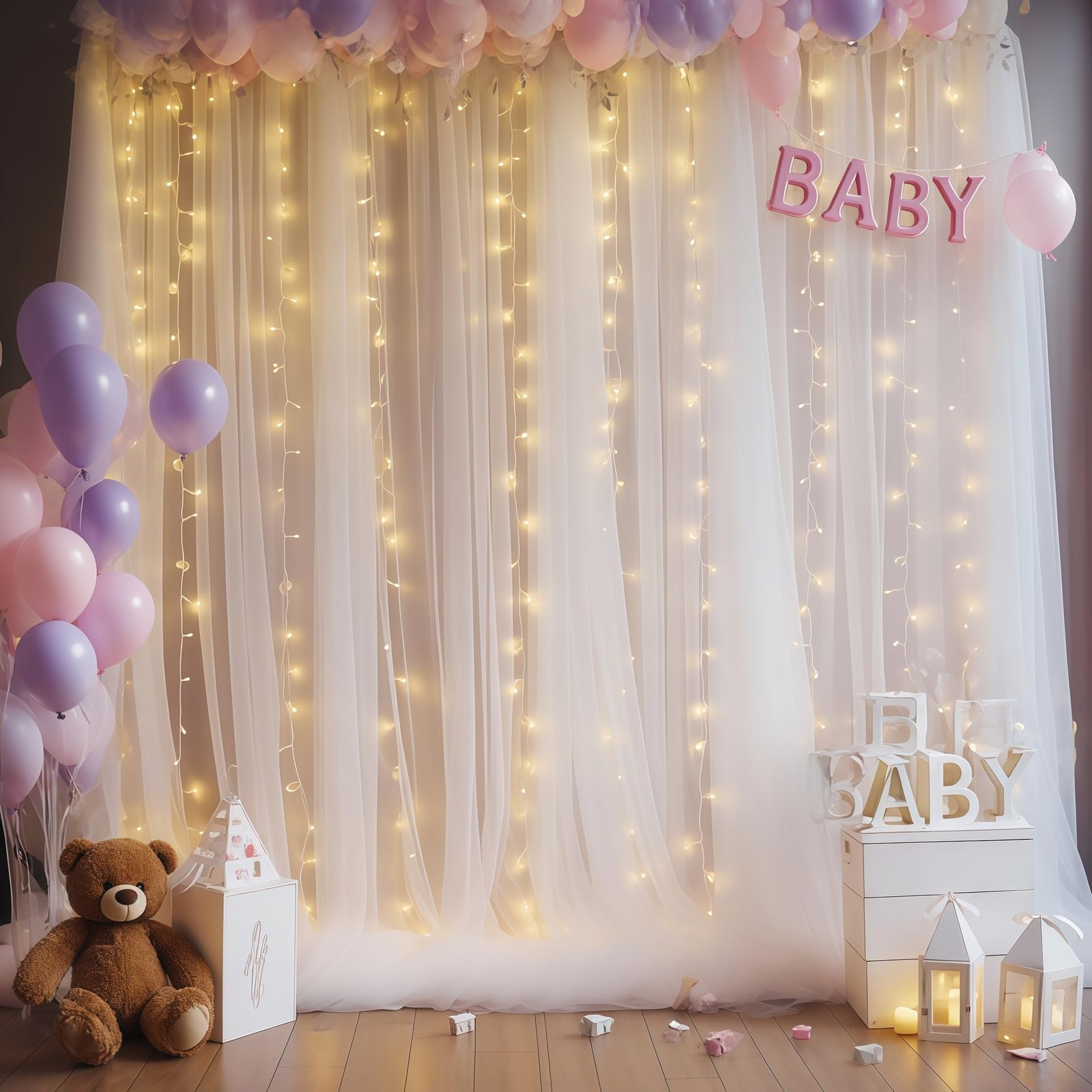 10x10ft White Tulle Backdrop Curtain with Lights String for Parites