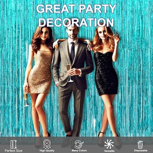 4 PCS Turquoise Metallic Tinsel Party Photo Backdrop Curtain Fringe 3.3×8.2 FT