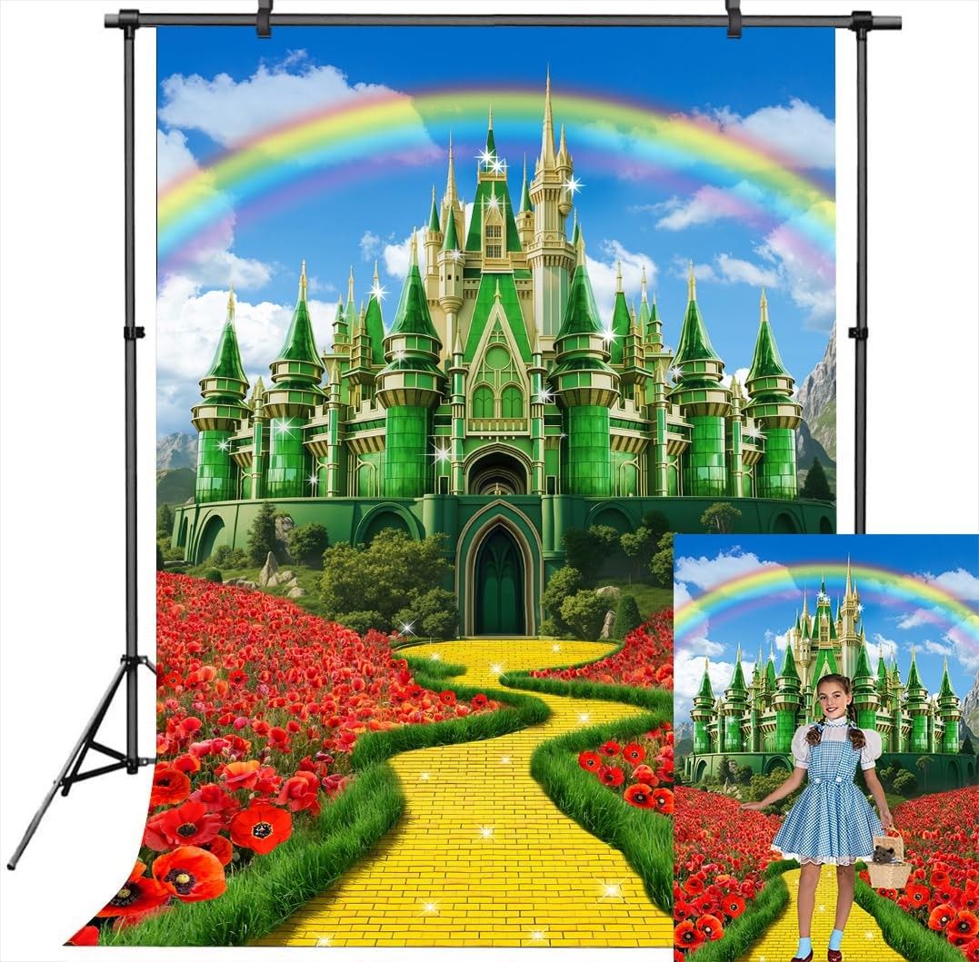 6×8 Ft Green Castle Yellow Brick Road Backdrop Rainbow Princess Photo Props