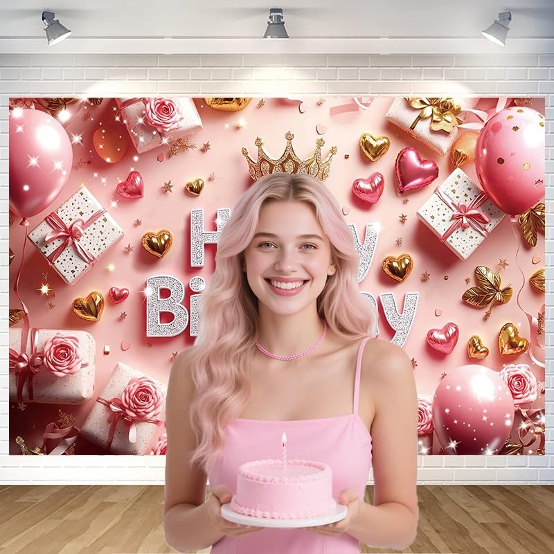 Pink Happy Birthday Backdrop Banner Gold 70.8 x 47.2 Inch,