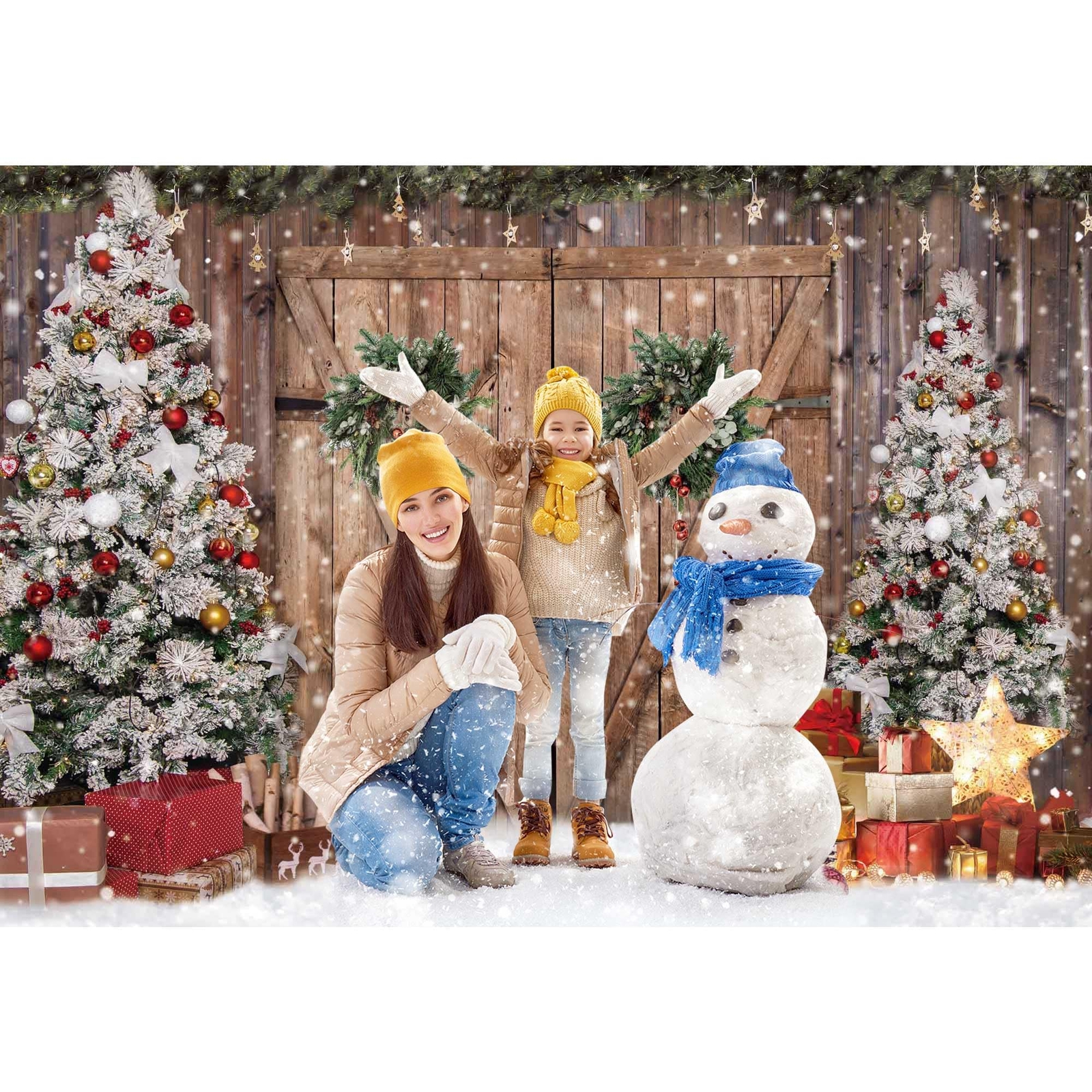 Rustic Christmas Barn Wood Door Backdrop Xmas Tree Photography Background Decor