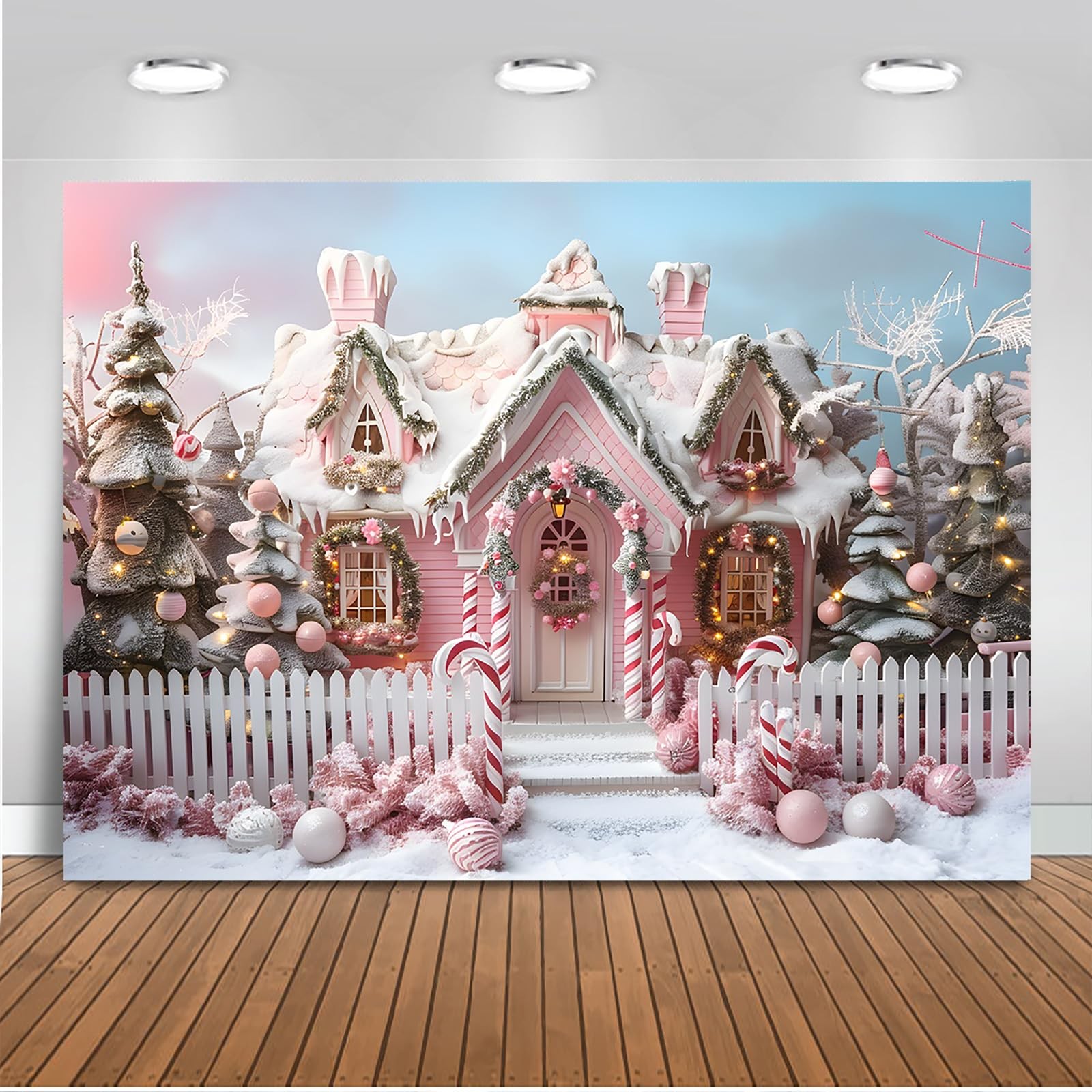 7x5ft Pink Christmas House Backdrop Cane Candy Winter Party Photo Background
